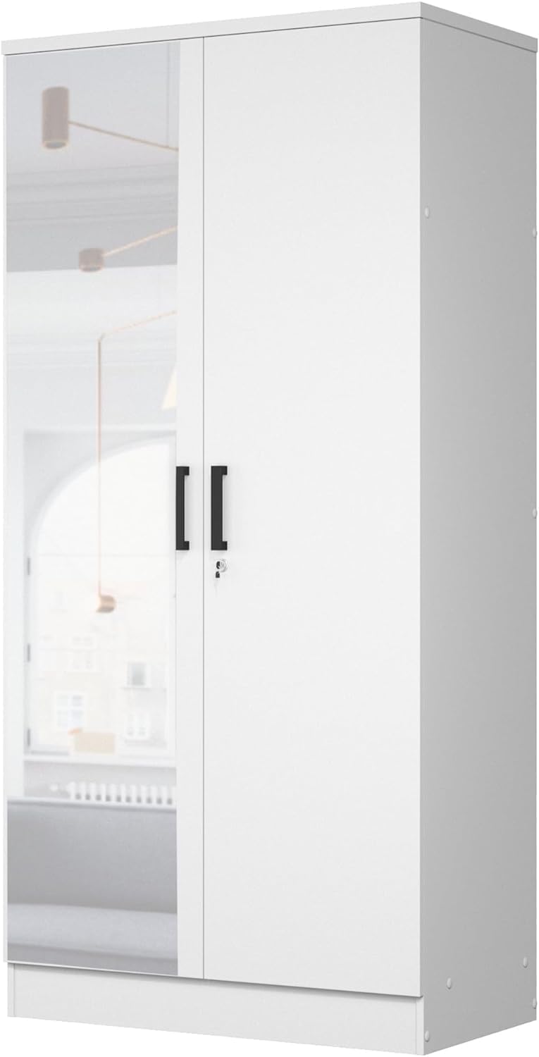 Woodpeckers White 2-Door Wardrobe with Mirrored Doors - Modern Bedroom Furniture for Closet Organization & Storage