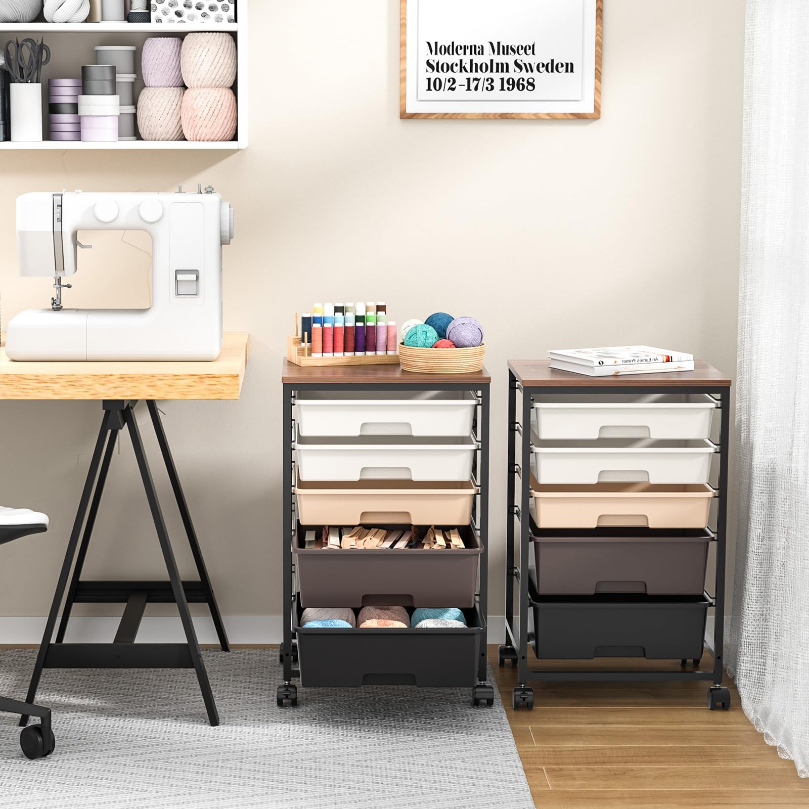5-Drawer Utility Cart with Wooden Tabletop & Lockable Wheels - Large Capacity Rolling Storage Cart for Office, Kitchen, or Workshop Organization (Brown)