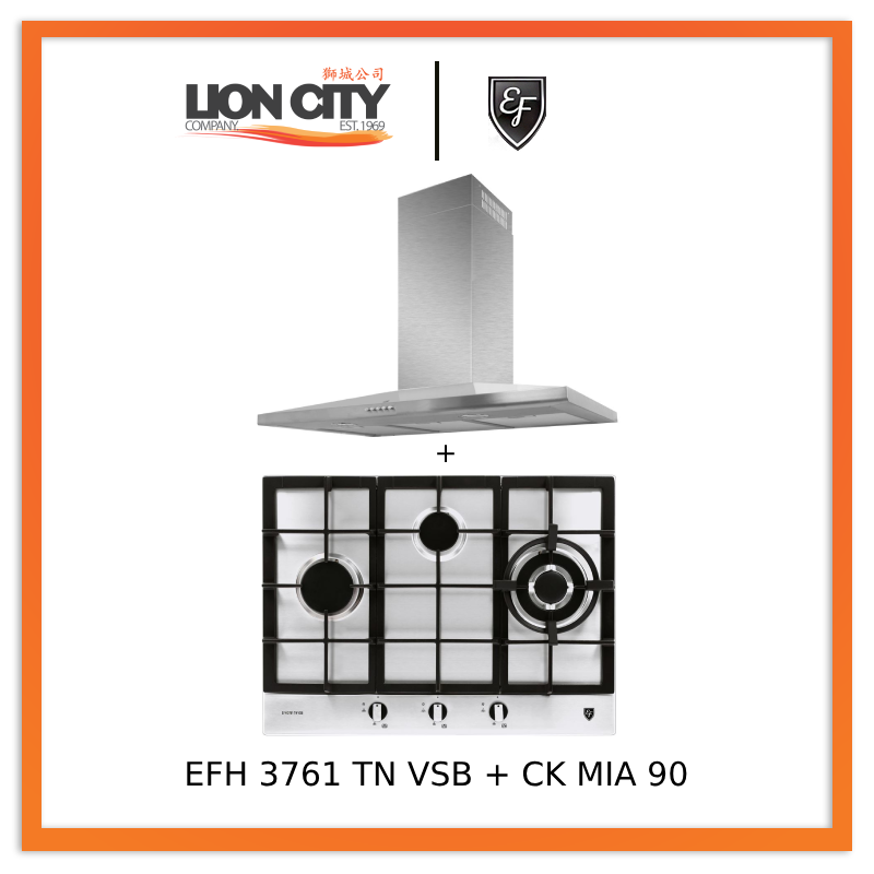 EF CK Mia 90 90cm Stainless Steel Chimney Hood with EF EFH 3761 TN VSB 68cm Built-In Stainless Steel Gas Hob - Professional Kitchen Ventilation for Home Cooking & Baking