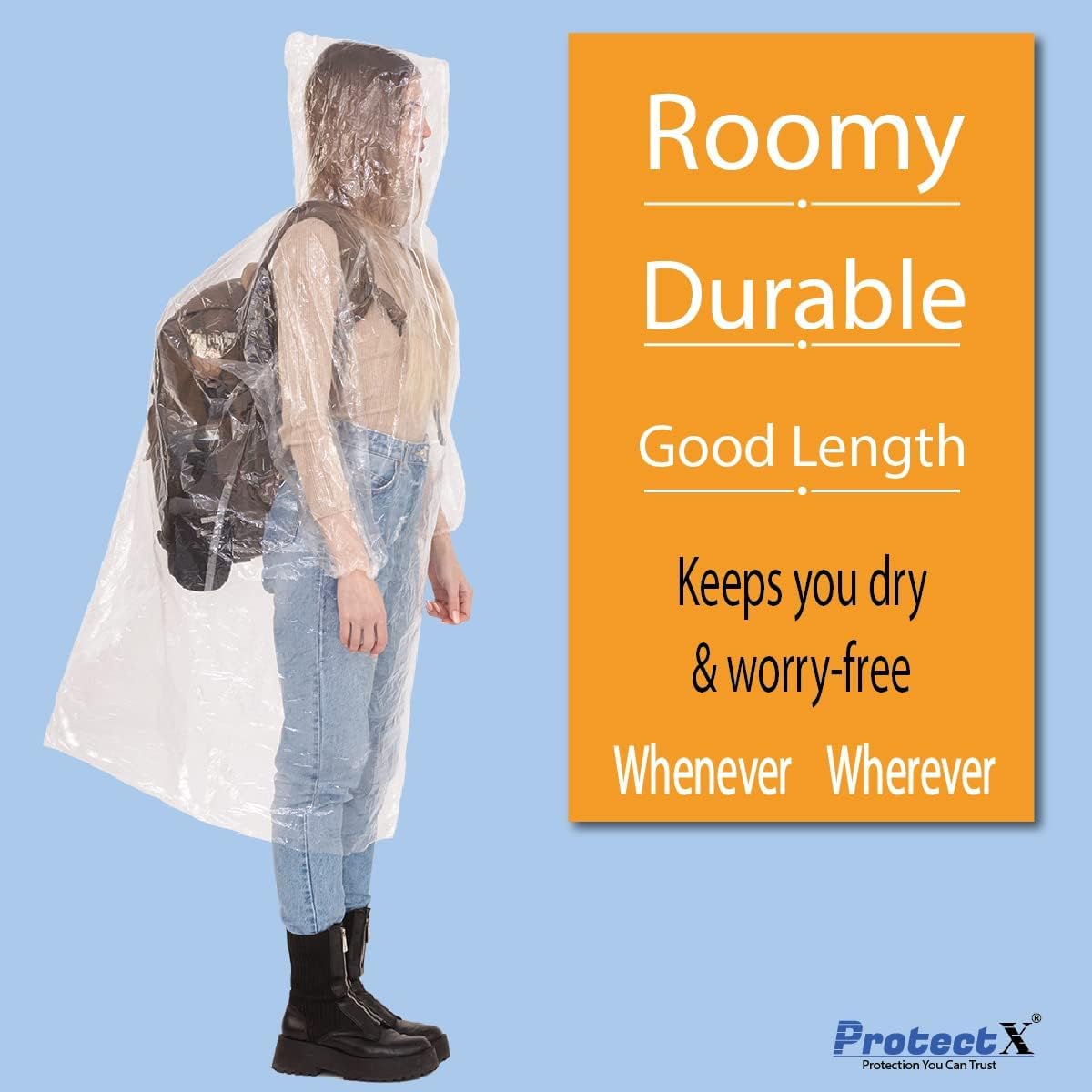 ProtectX Premium Disposable Rain Ponchos with Elastic Cuffs & Drawstring Hood - Waterproof Emergency Rainwear for Outdoor Events, Hiking, Travel & Theme Parks
