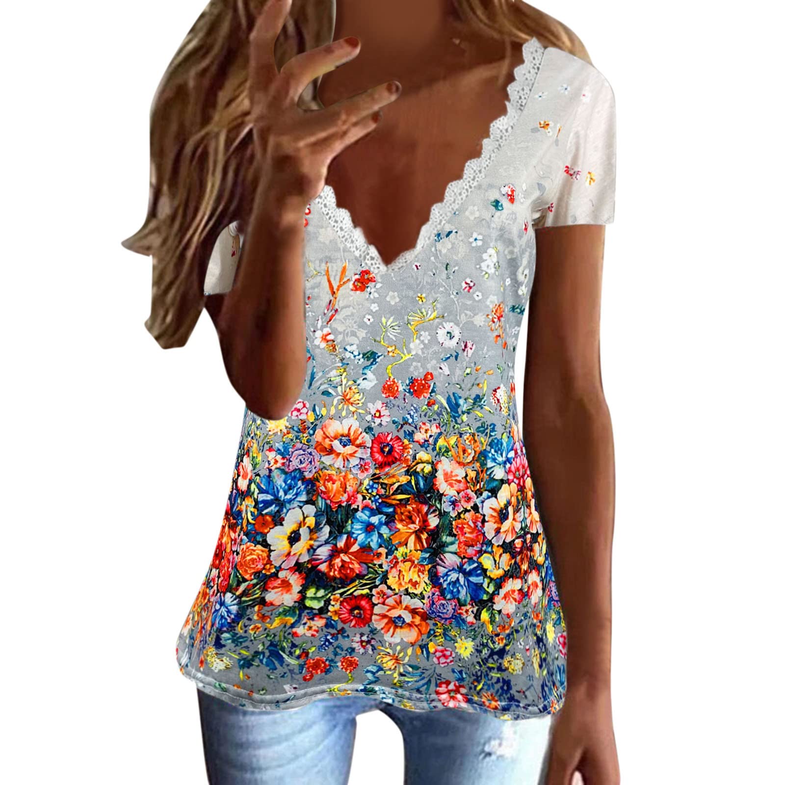 Women's V Neck Lace Cold Shoulder Tee - Floral Print Summer Blouse for Casual Wear