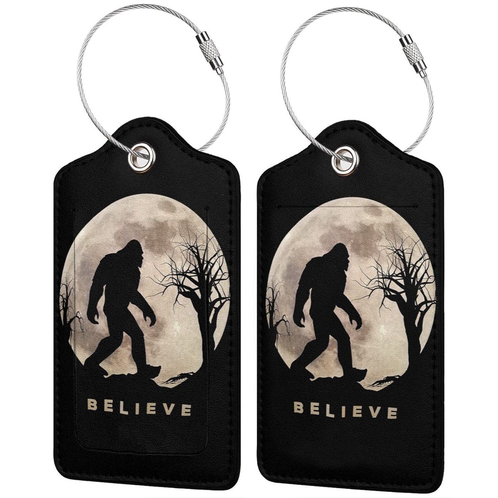Funny Bigfoot Sasquatch Full Moon Luggage Tag - Stainless Steel Loop & PU Leather Name ID Card Holder - Durable Suitcase Labels for Women, Men & Kids - Perfect for Travel, Backpacks & Carry-On Bags (1pc)