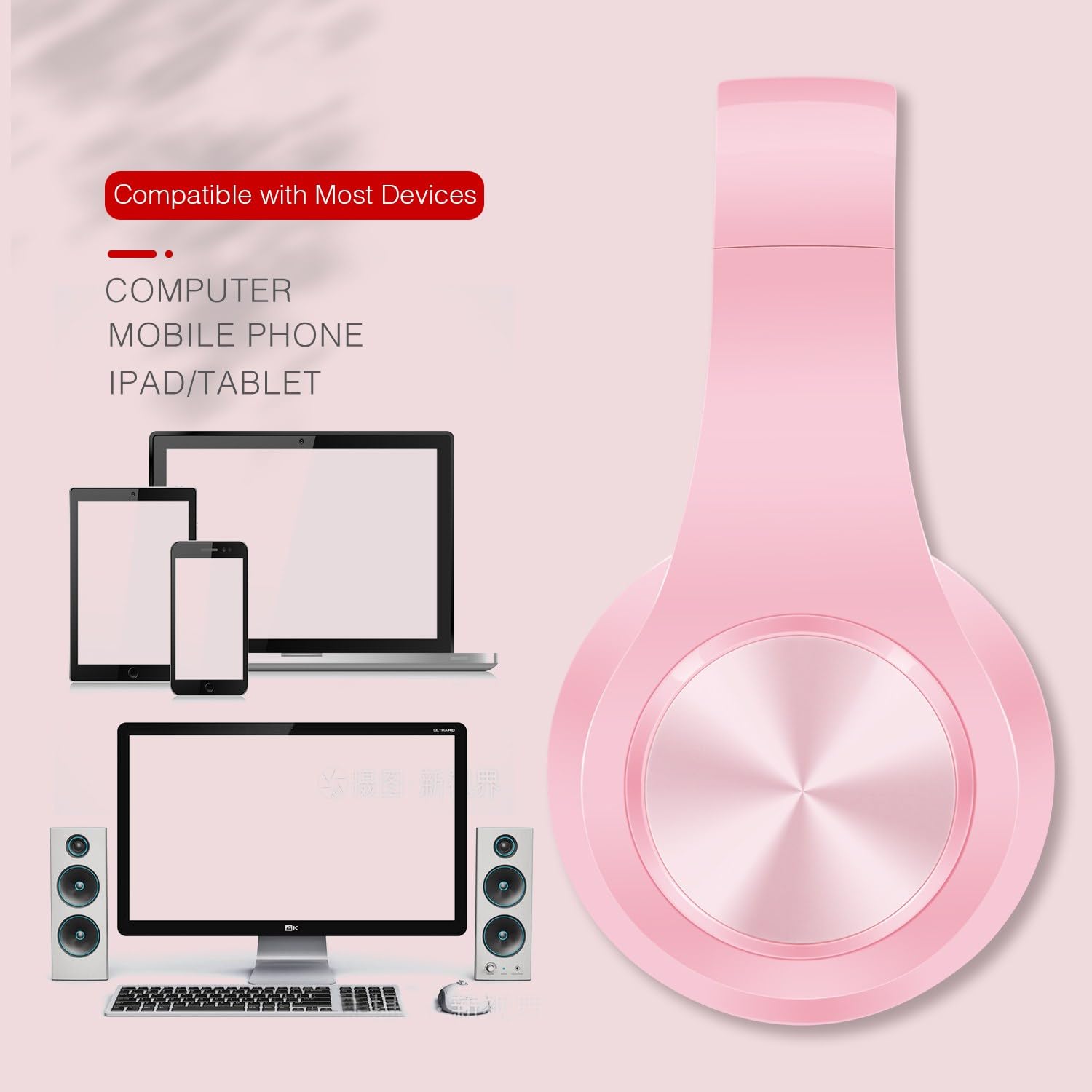 RAT TAIL V5.0 Bluetooth Headphones Wireless Over-Ear Foldable Headset with Micro SD/TF, FM, Soft Earmuffs - Lightweight for Long Wear, Compatible with Phone & PC (Pink) - Perfect for Travel, Workouts & Gaming