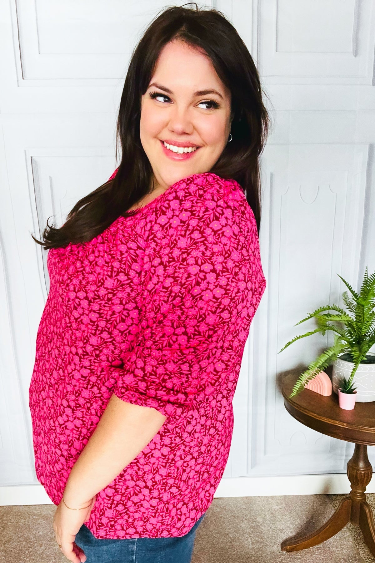 Perfectly You Fuchsia Floral Print Three Quarter Sleeve Square Neck Blouse for Women | Casual Spring Summer Tops for Office Wear & Date Night Outfits