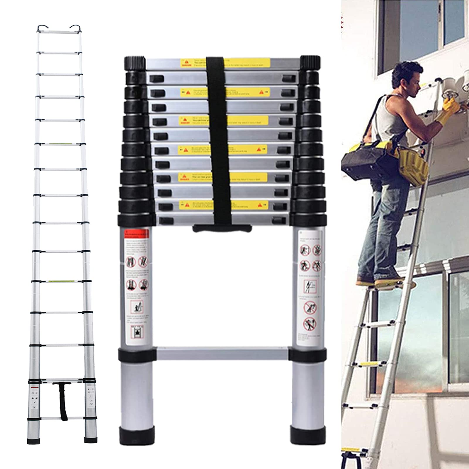 16.5FT Aluminum Telescoping Extension Ladder - Foldable, Portable & Adjustable Height with Safety Lock for Roof, RV, Loft, Household & Business Use - 330lb Max Load - Perfect for Home Repairs, Construction & Outdoor Adventures