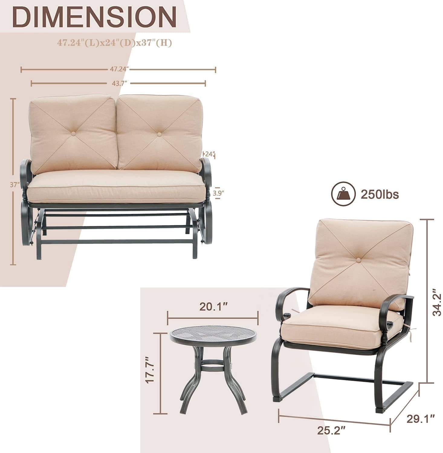 4-Piece Metal Outdoor Patio Conversation Set - Glider Chairs with Round Side Table, Wrought Iron Look Spring Lounge Chairs (Brown) - Perfect for Backyard, Garden, Poolside Relaxation