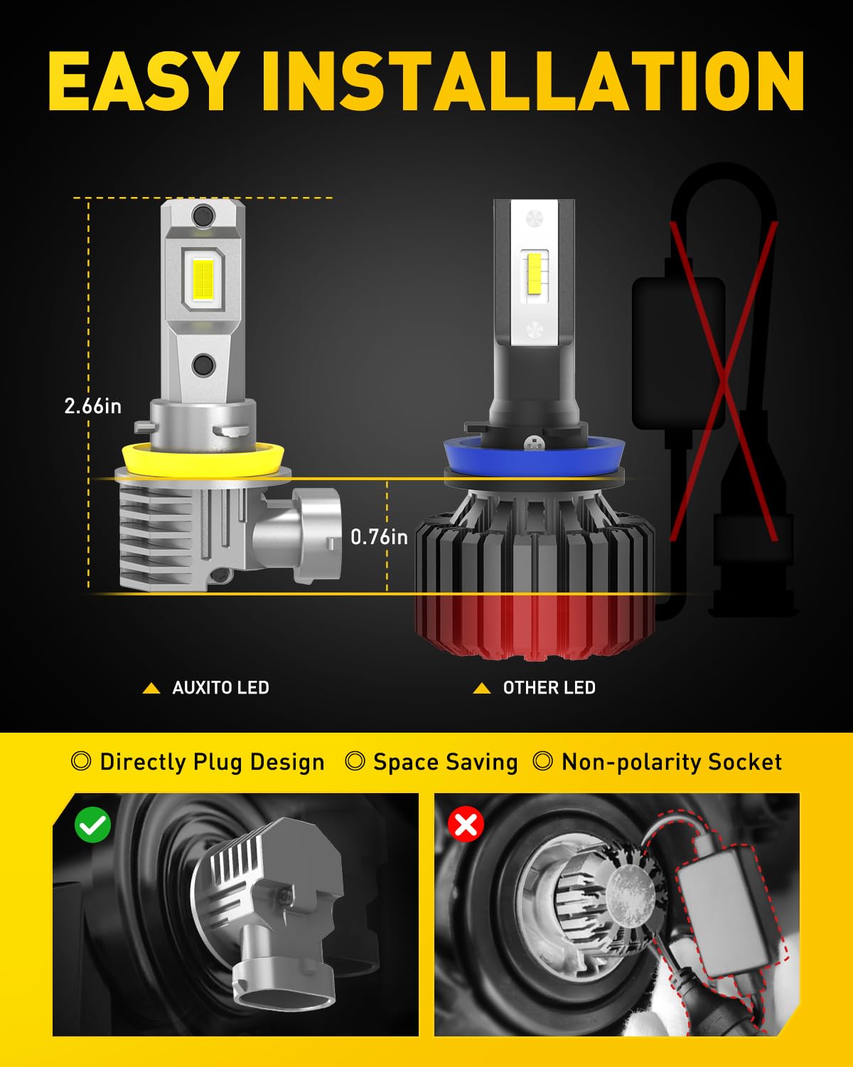 AUXITO H11 LED Headlight Bulbs - 400% Brighter 6500K Cool White, Wireless Design for H8 H9 H16 Fog Lights, DRL, Low/High Beam - Plug & Play Installation, IP68 Waterproof - Perfect for Night Driving, Off-Roading & All-Weather Use (Pack of 2)