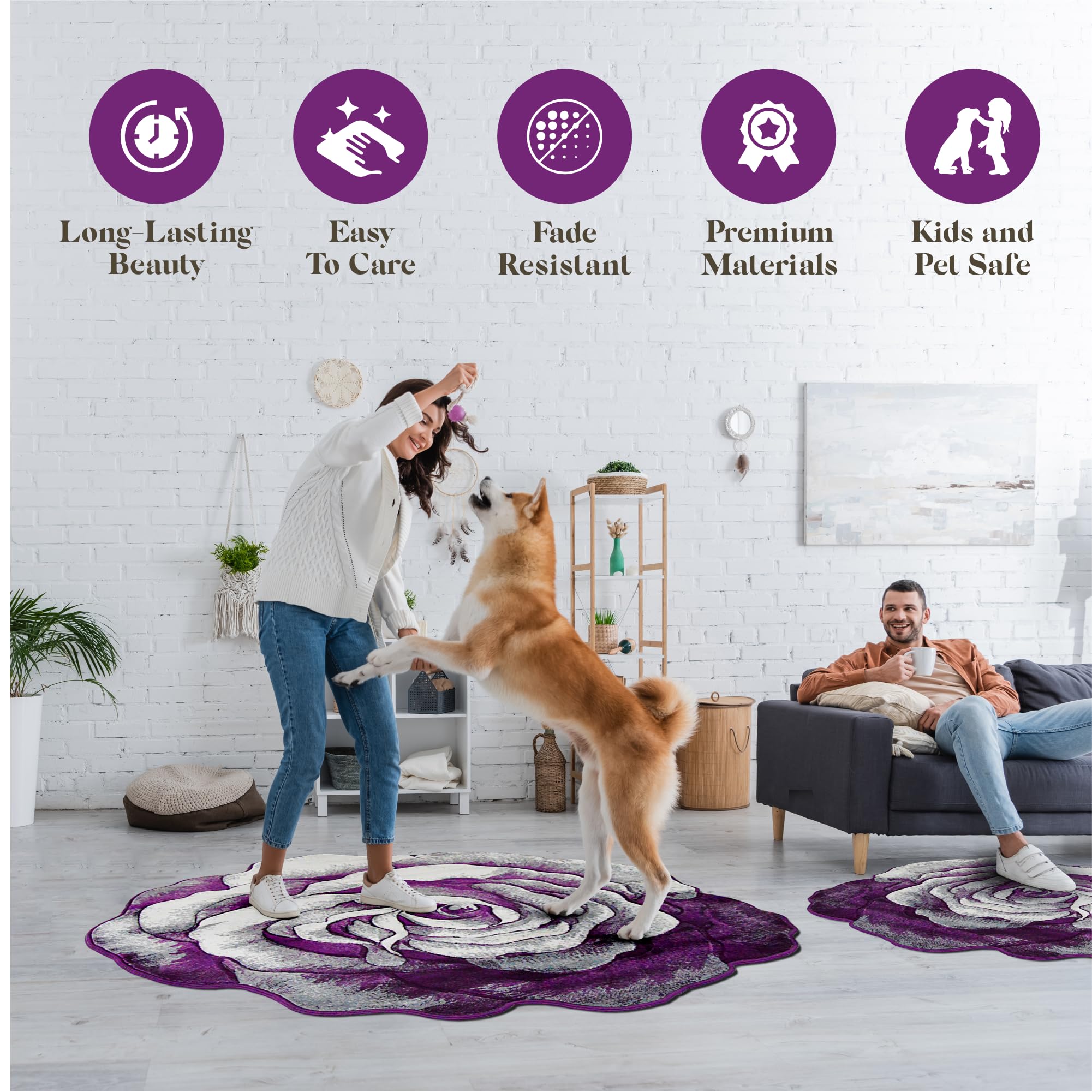 6ft Round Rose Flower Shaped Plush Area Rug - Soft Girly Circle Carpet for Bedroom, Living Room Floor Decor | Perfect for Boho Chic Home, Nursery & Dorm Room (304 Purple)