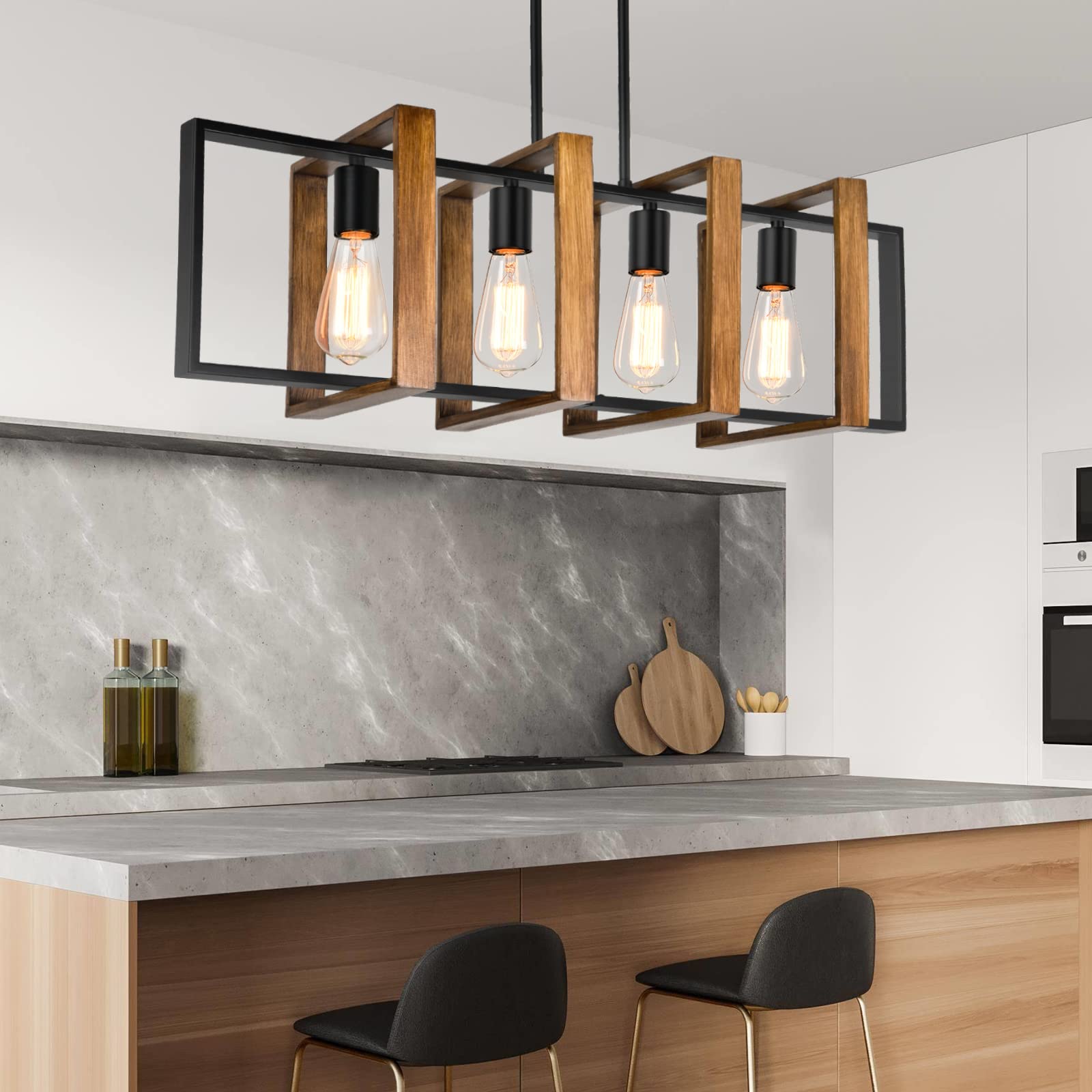 4-Light Rustic Wood Chandelier - Black Farmhouse Pendant Light with Wood Frame for Kitchen Island, Dining Room & Table | Modern Ceiling Hanging Fixture for Farmhouse, Cottage & Rustic Decor