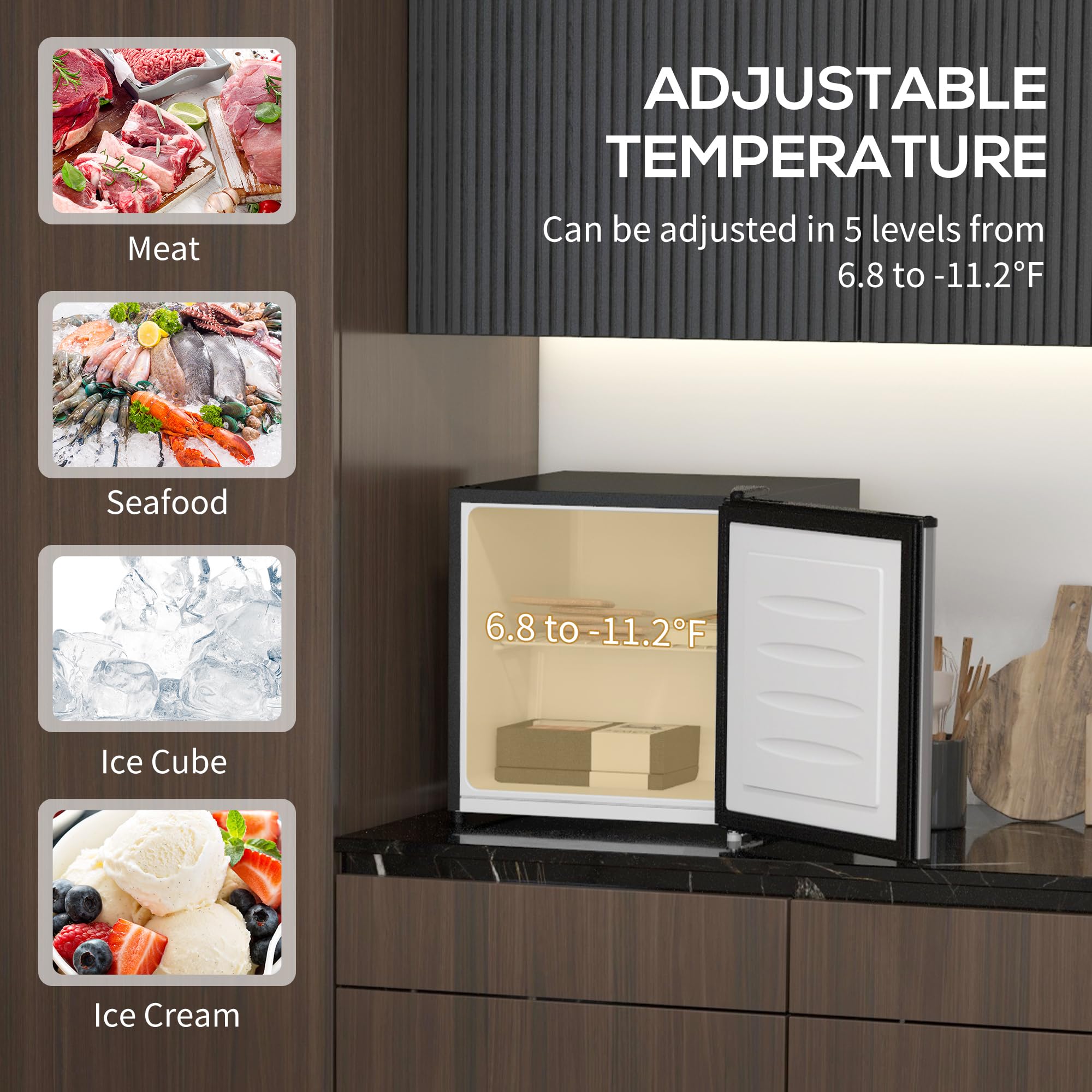 1.1 Cu. Ft Mini Freezer - Compact Upright Freezer with Adjustable Temperature, Removable Shelf & Reversible Door - Energy Efficient Stand Up Freezer for Bedroom, Office, Dorm - Perfect for Storing Food, Drinks & Ice Cream (Silver)