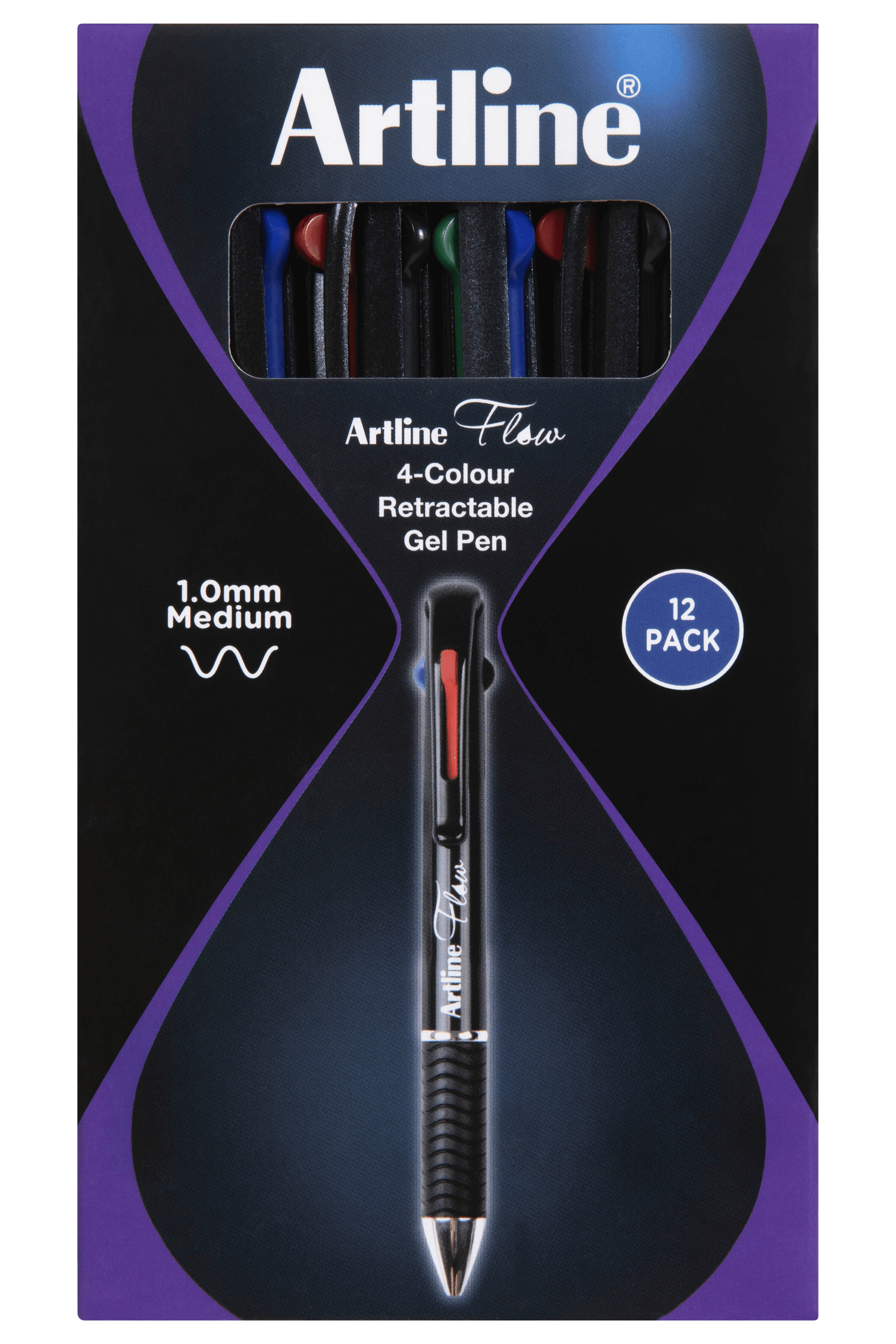 Artline Flow 4-Color Retractable Ballpoint Pens - 12 Pack for School, Office & Note Taking - Smooth Writing Multicolor Pens for Students & Professionals
