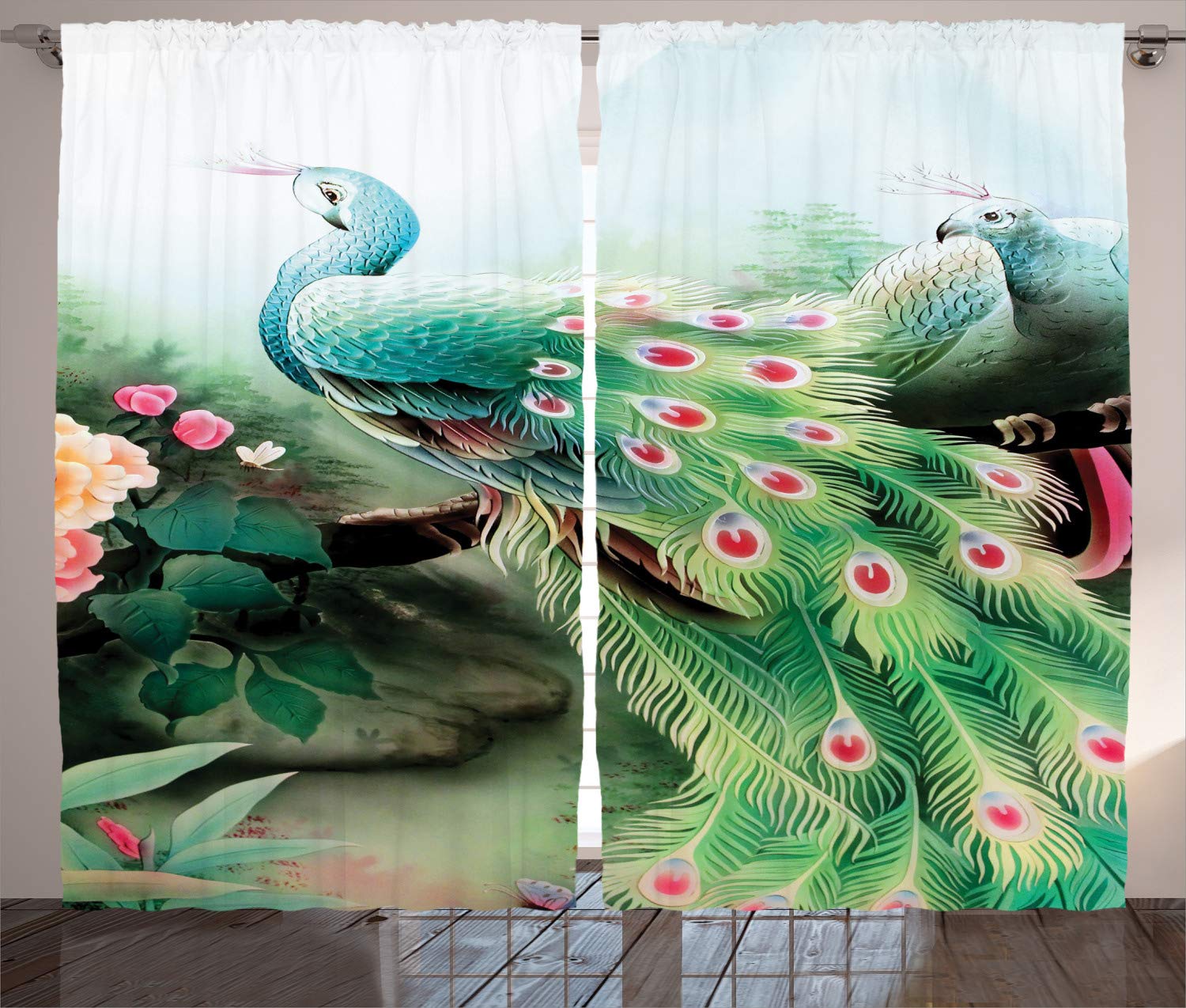 Ambesonne Peacock Curtains - Vibrant Summer Flower Fantasy Garden Nature Art Print Window Drapes, 2 Panel Set (108
