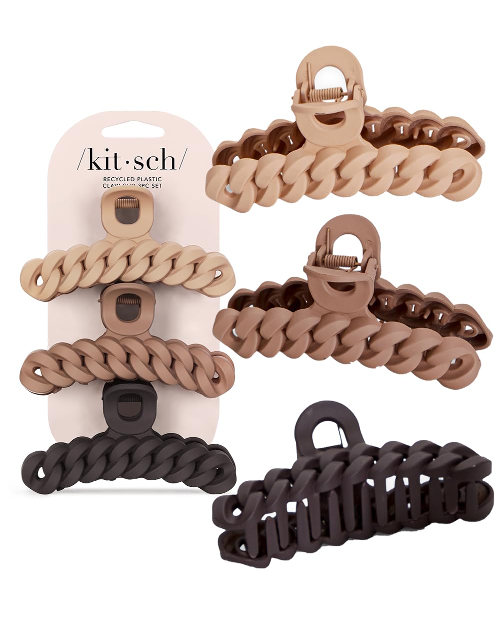 Kitsch Recycled Plastic Large Claw Hair Clips for Women - 3pc Set Big Hair Clips for Thick Hair, Jaw Clips & Chain Hair Accessories | Perfect for Ponytails, Buns & Everyday Hairstyles