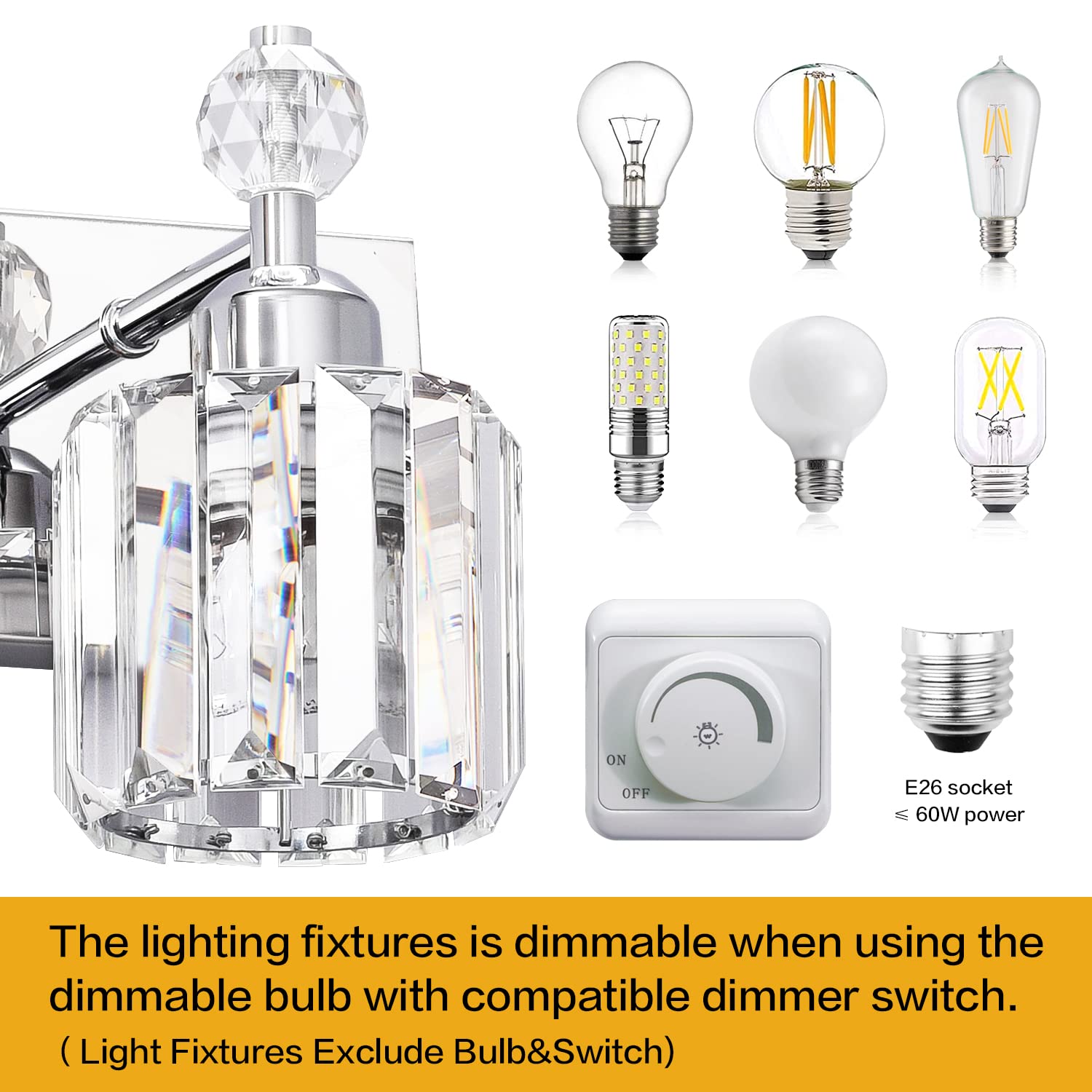 Modern Crystal Vanity Light for Bathroom - Chrome 5-Light Wall Fixture with Adjustable Arms - Perfect for Bathroom Mirror Lighting, Dressing Room & Makeup Area