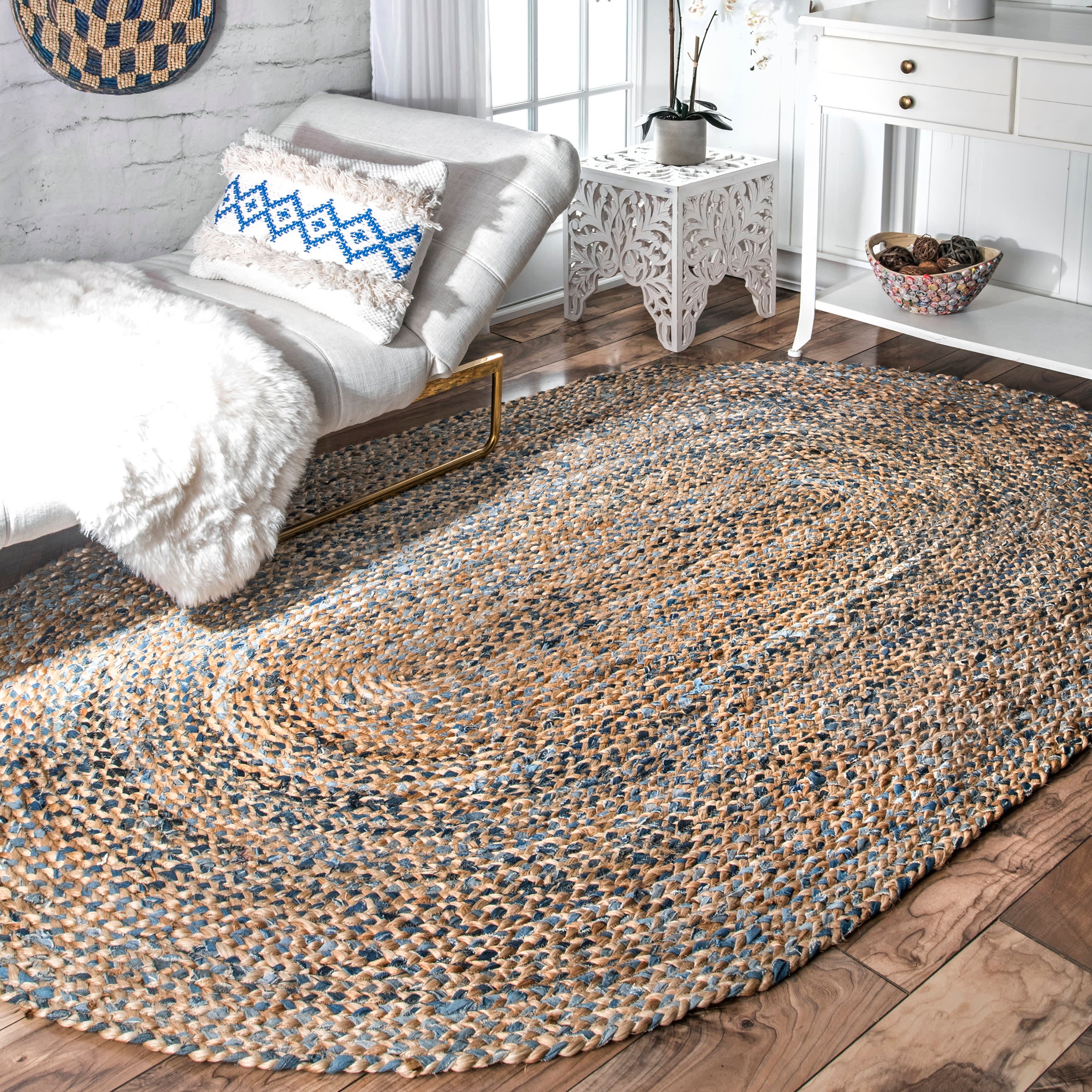 Hand Braided Twined Jute and Denim Rug - Blue Eco-Friendly Bohemian Style Floor Mat for Living Room, Bedroom, or Nursery Decor