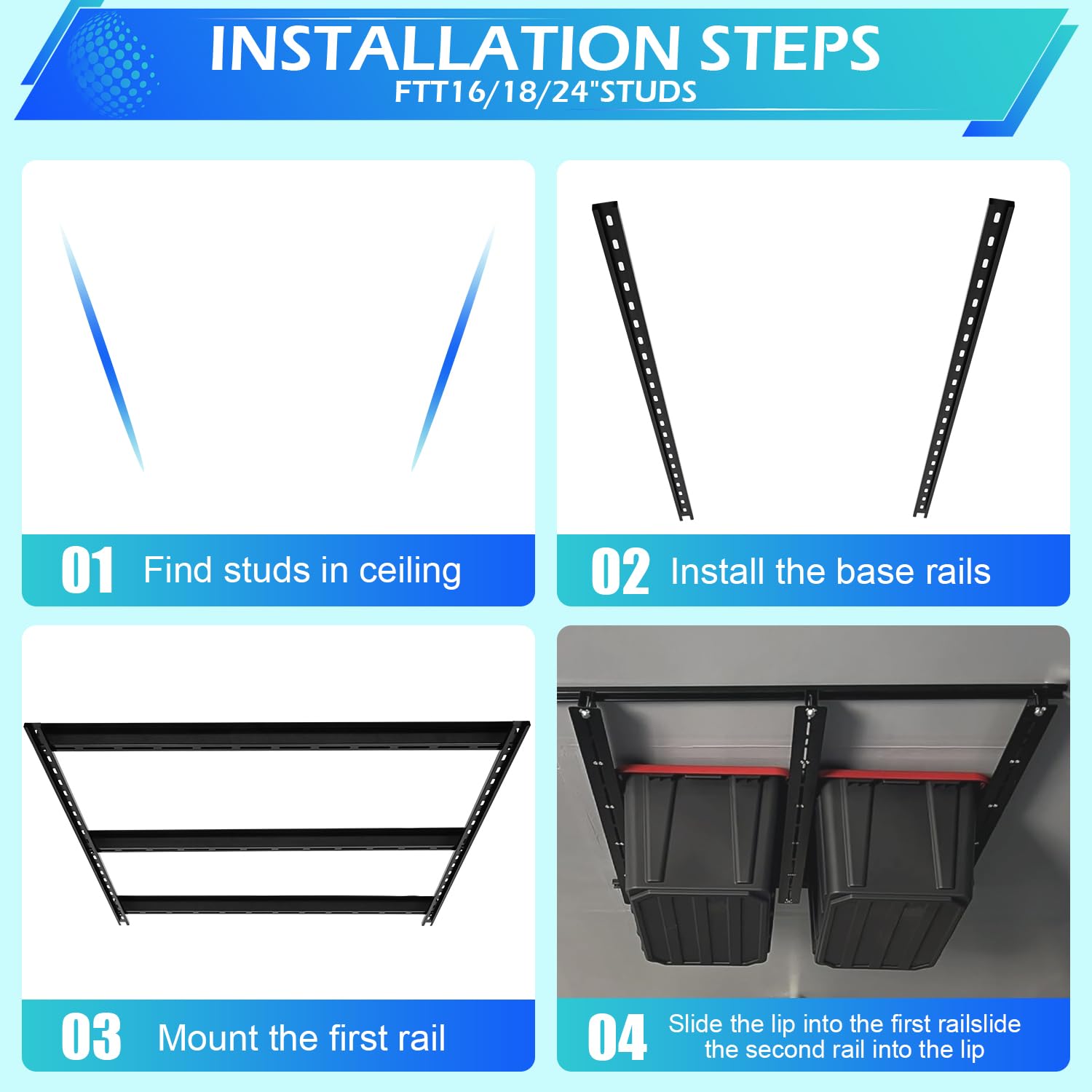 Heavy Duty Overhead Garage Storage System - Adjustable Ceiling Tote Rack for Home & Garage Organization (48