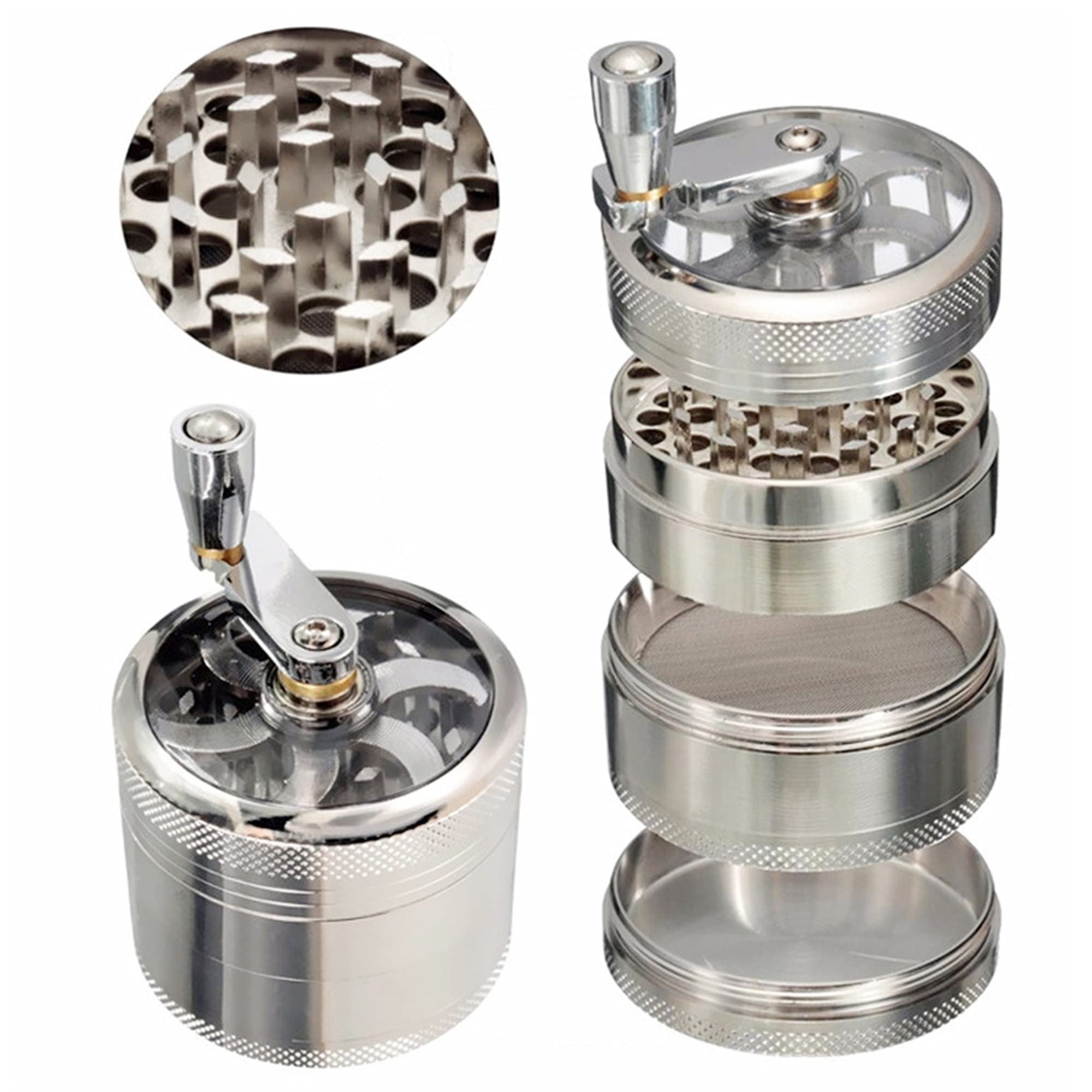 Premium 4-Layer Zinc Alloy Herb Grinder with Pollen Scraper & Hand Crank - 55mm Spice Crusher for Dried Herbs, Tobacco & Tea - Compact Manual Muller for Home Kitchen, Camping & Travel (Silver)