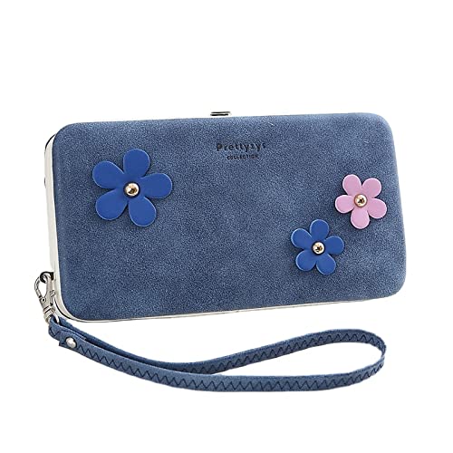 JUBLYN Women's PU Leather Flower Design Wallet with Card Holder & Cellphone Pocket - Stylish Money Bag Clutch Purse for Women (Dark Blue) | Perfect for Parties, Dating, and Everyday Use