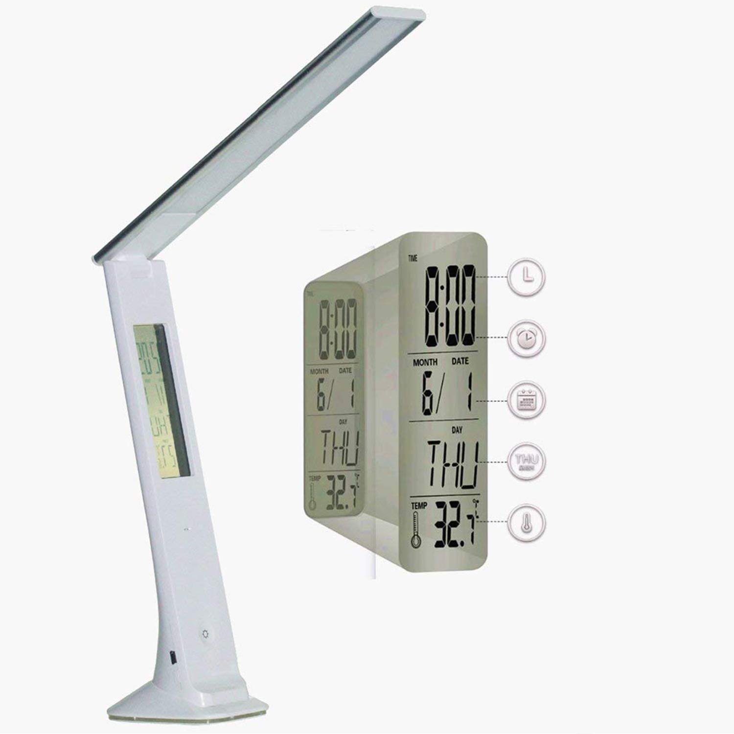 Rechargeable Cordless LED Desk Lamp with USB Port, Touch Control Dimmable Reading Light - Calendar/Alarm/Clock LCD Display & Color Nightlight Base for Study, Office, Bedroom (Silver White)