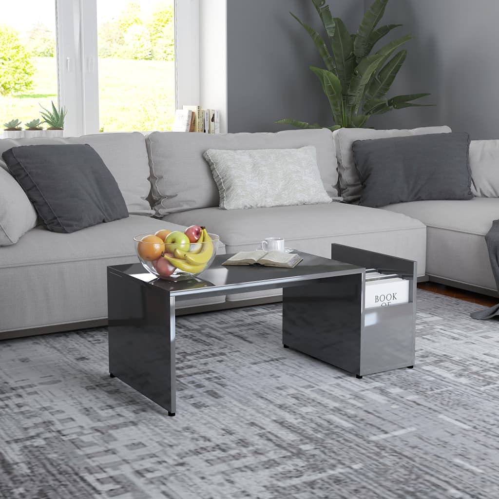 Modern Geometric High Gloss Gray Coffee Table with Storage Compartment - 35.4