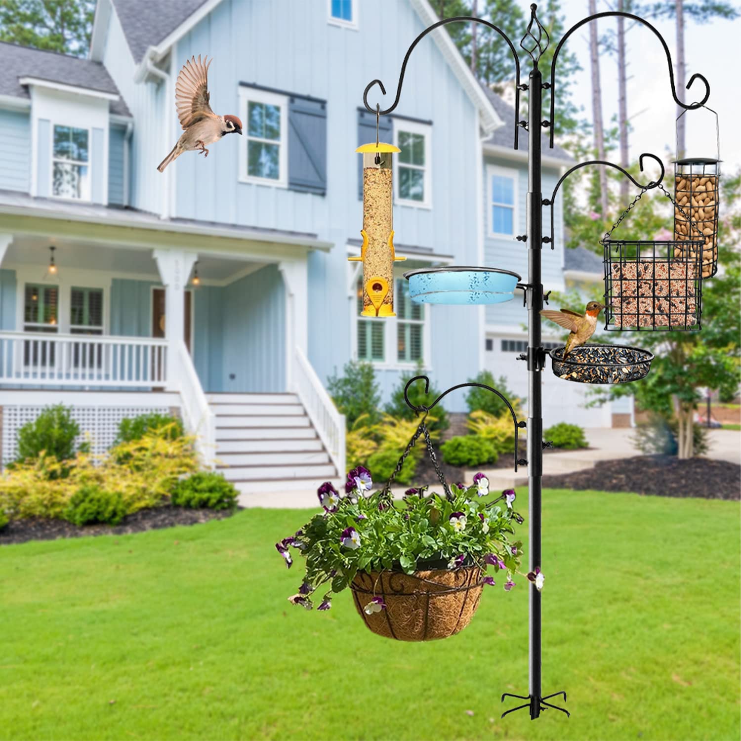 Ashman Deluxe 4-Pack Bird Feeding Station - Outdoor Bird Feeder Pole Stand Kit with 4 Hangers, Bird Bath & 3-Prong Base - Attracts Wild Birds (22