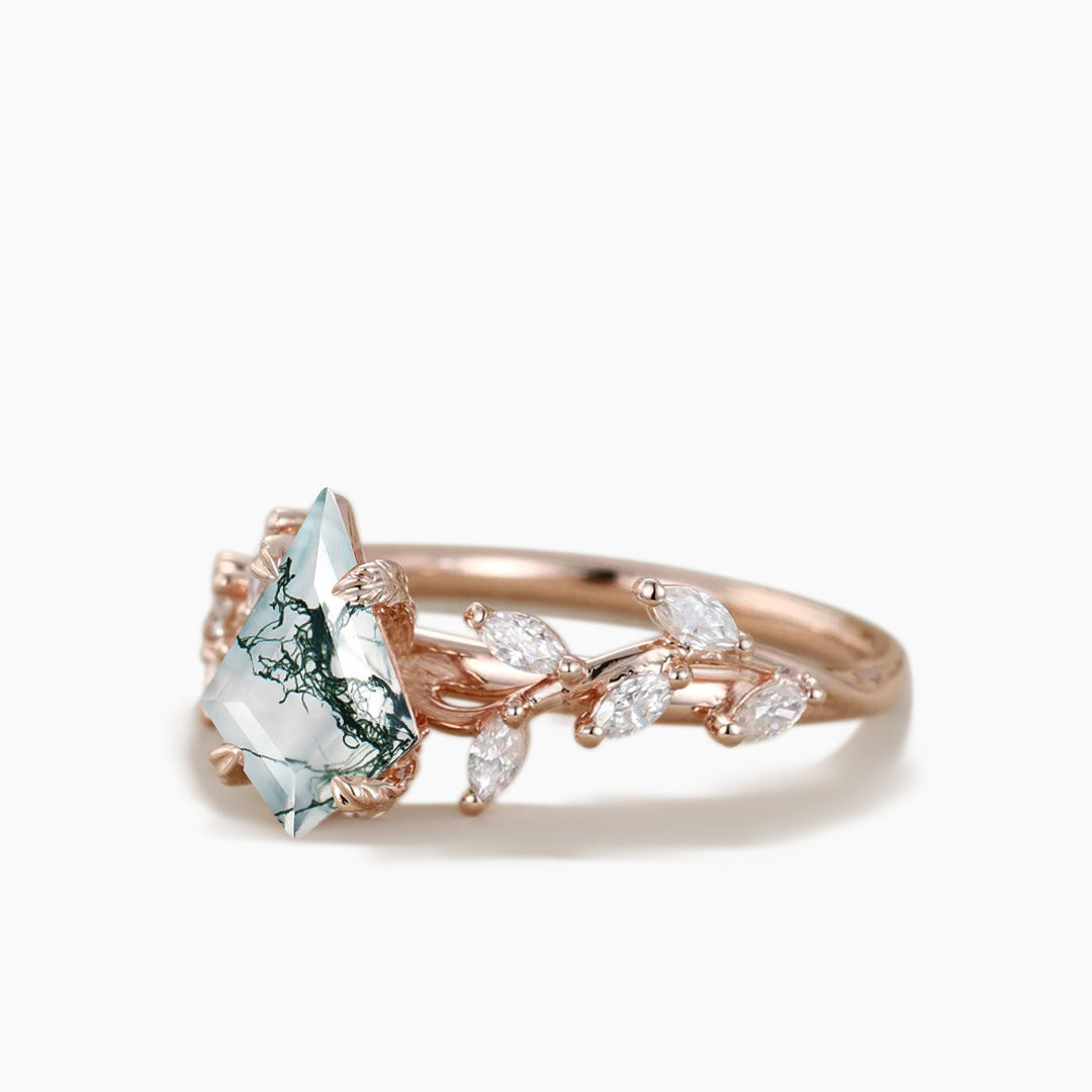Natural Moss Agate Kite Engagement Ring in 14K Rose Gold - Twig Vine Wedding Band for Women, Nature-Inspired Jewelry for Brides & Outdoor Enthusiasts