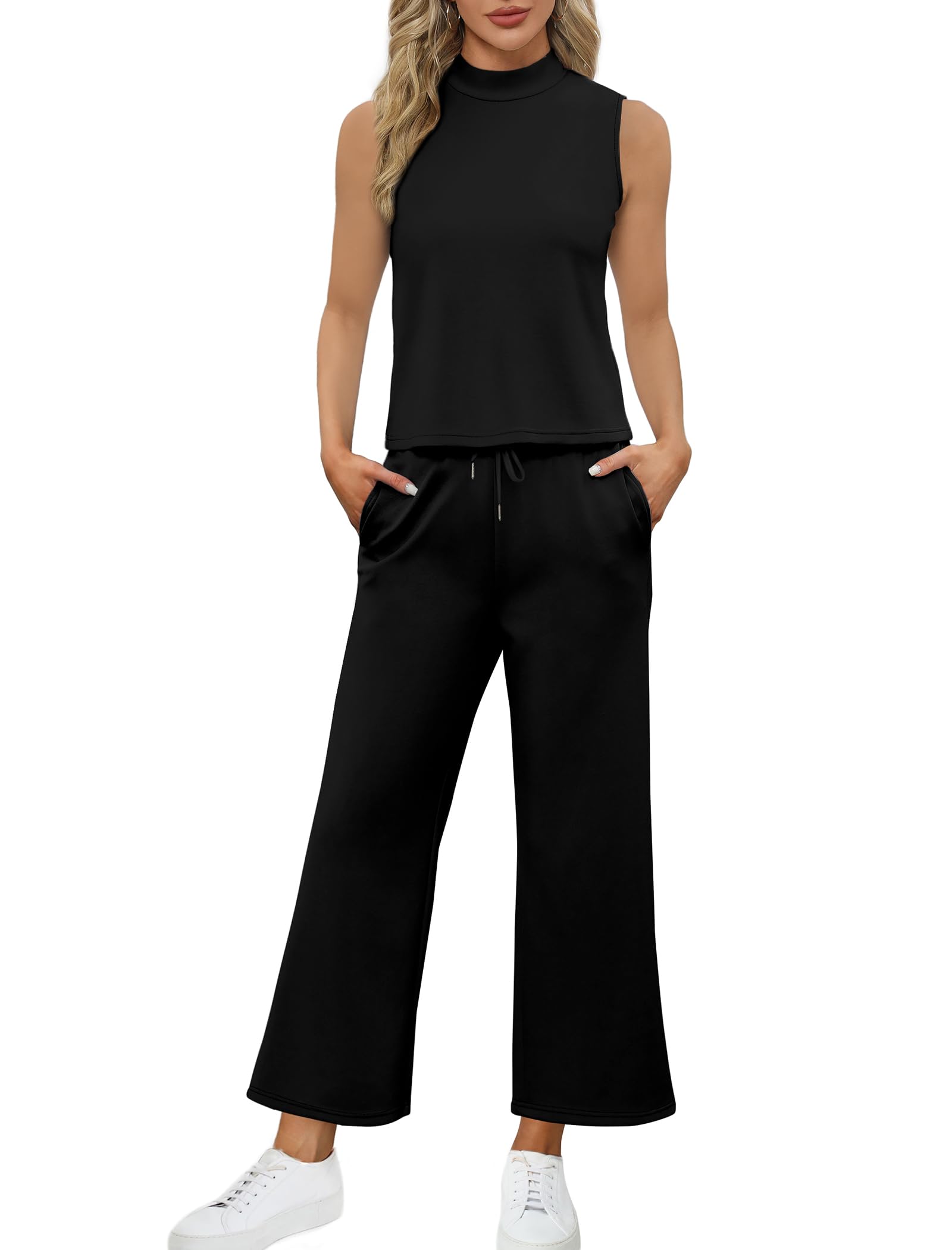 Stylish SAMPEEL Women's Two Piece Sets - Summer Lounge Outfits with Mock Neck Tops & Wide Leg Crop Pants | Perfect for Vacation, Travel & Casual Wear