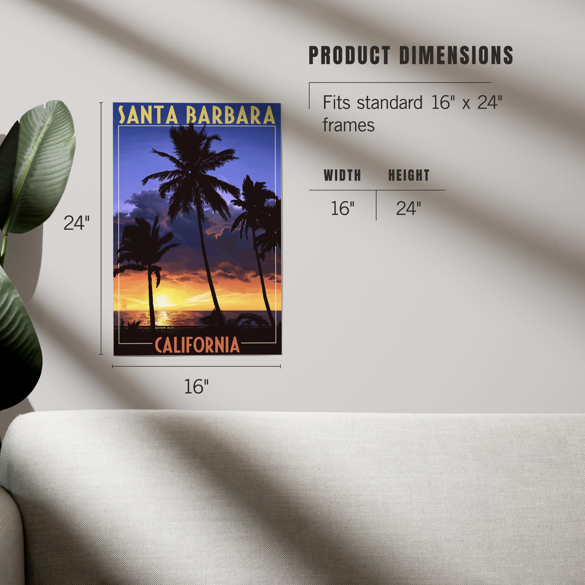 Lantern Press 16x24 Inch Giclee Art Print - Santa Barbara California Coastal Sunset with Palm Trees - Wall Decor for Living Room, Bedroom & Office