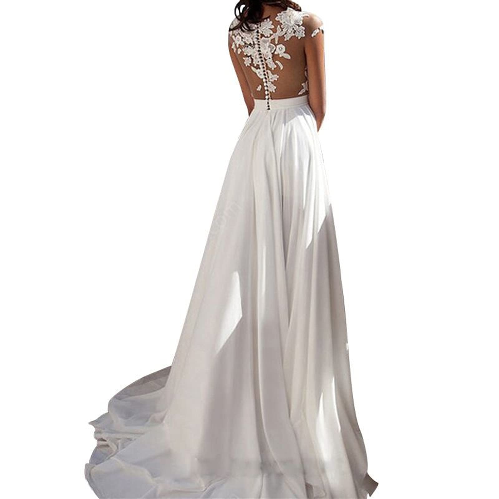 Elegant White Lace Wedding Dress for Women - V-Neck Long Bridal Gown with Crochet Details & Backless Design | Perfect for Beach Weddings, Evening Galas & Romantic Photoshoots