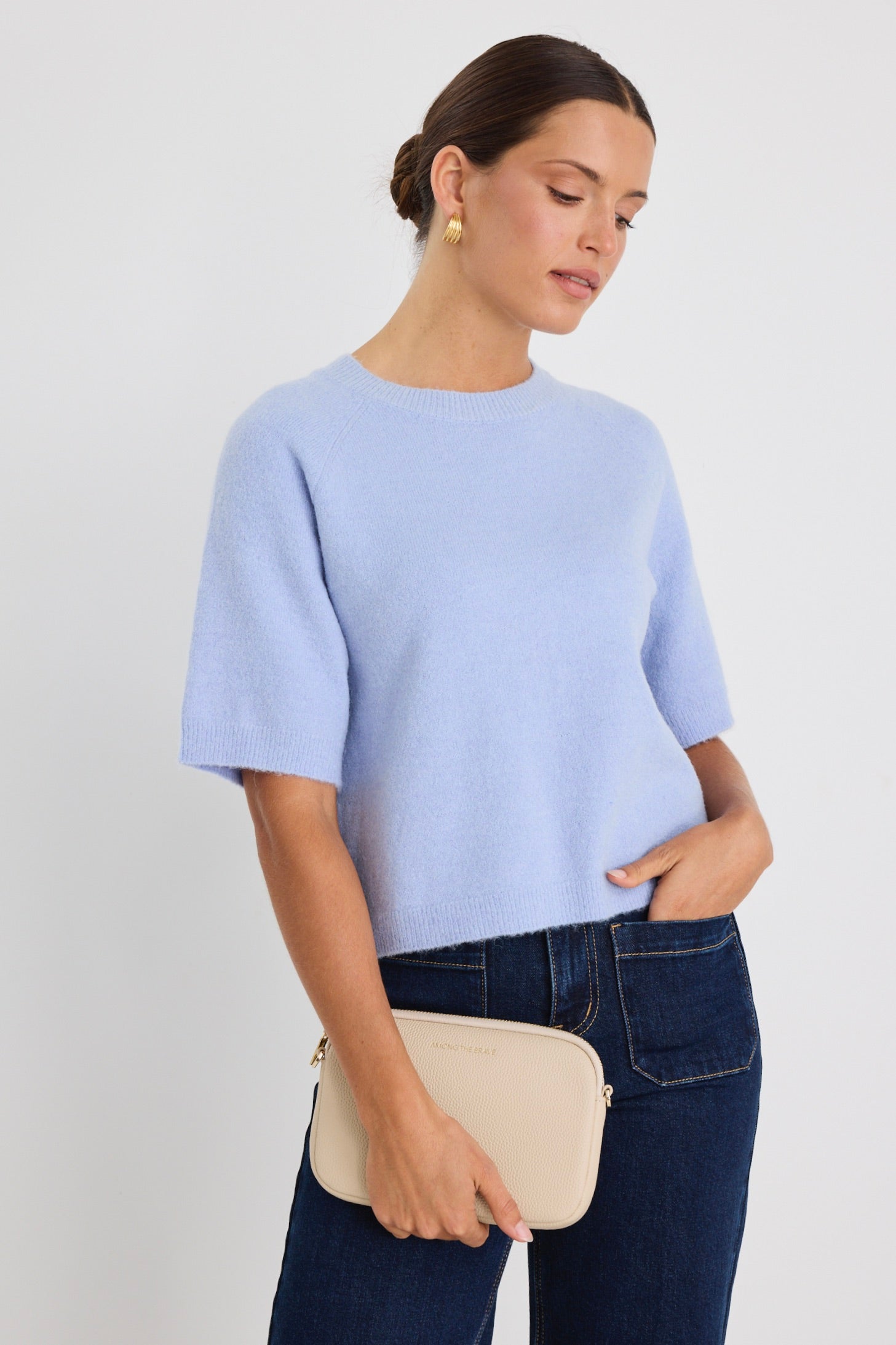 Assemble Ice Blue Alpaca Blend Raglan Knit Tee - Soft Comfortable Women's Casual Top for Everyday Wear & Layering