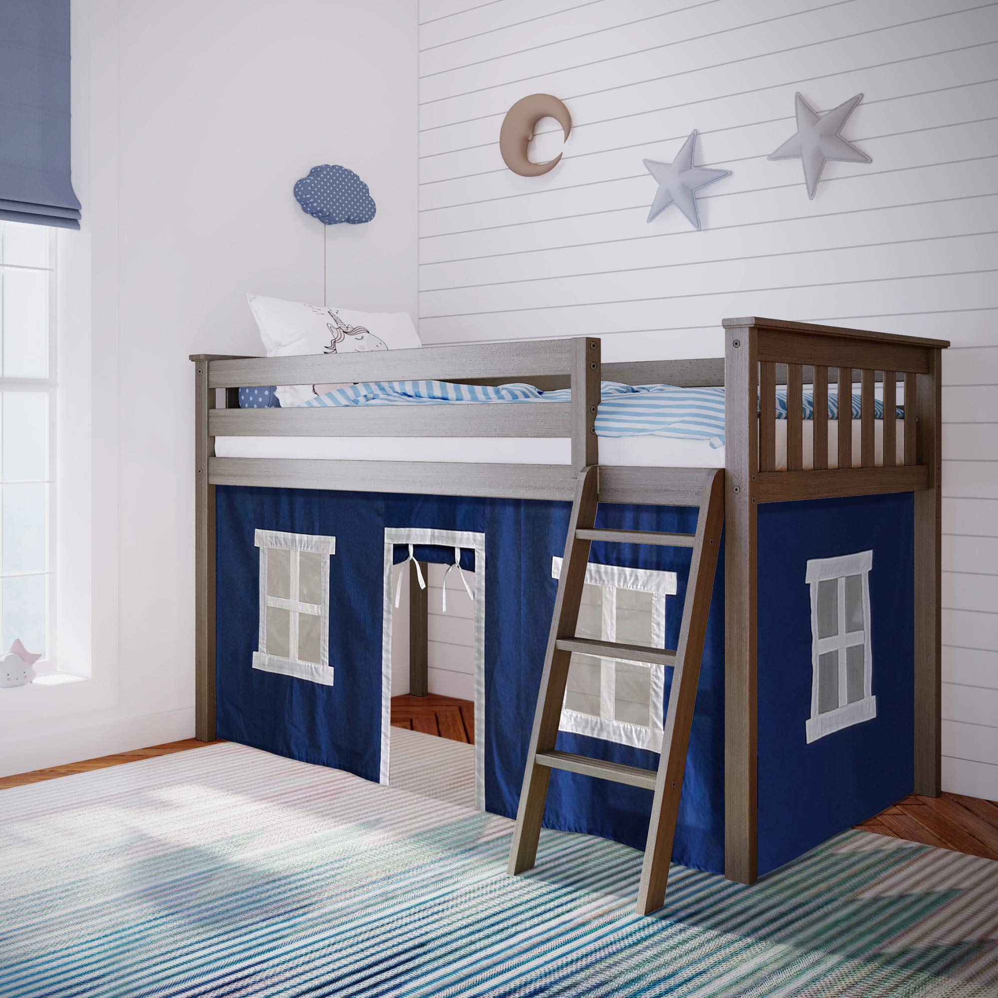 Max & Lily Low Loft Twin Bed Frame for Kids with Bottom Curtains - Clay & Blue Color | Space-Saving Kids Bedroom Furniture for Small Rooms & Play Areas
