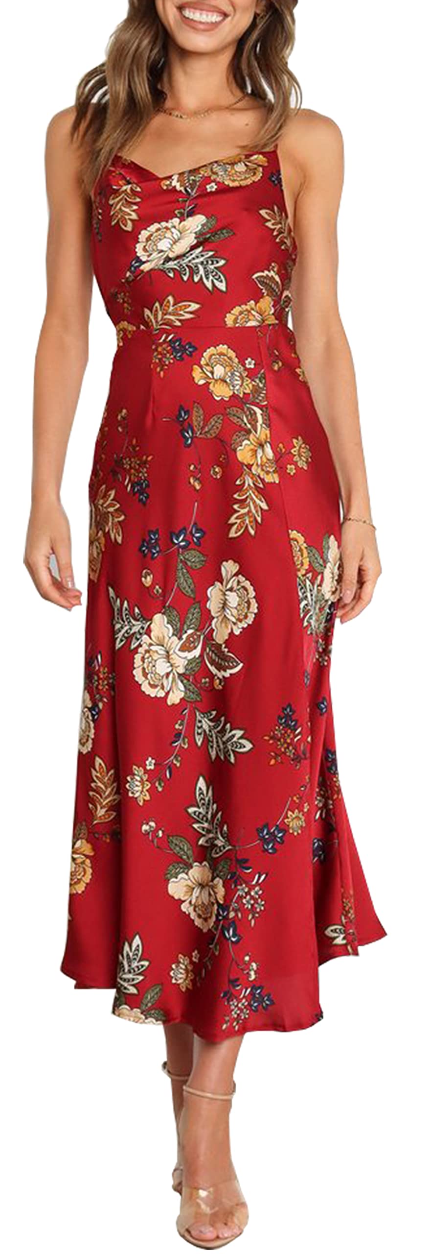 Elegant Women's Sleeveless Spaghetti Strap Satin Cocktail Dress - Cowl Neck Backless Midi Formal Gown for Wedding Guest, Party & Evening Events | Perfect for Bridesmaid, Prom, Homecoming & Special Occasions