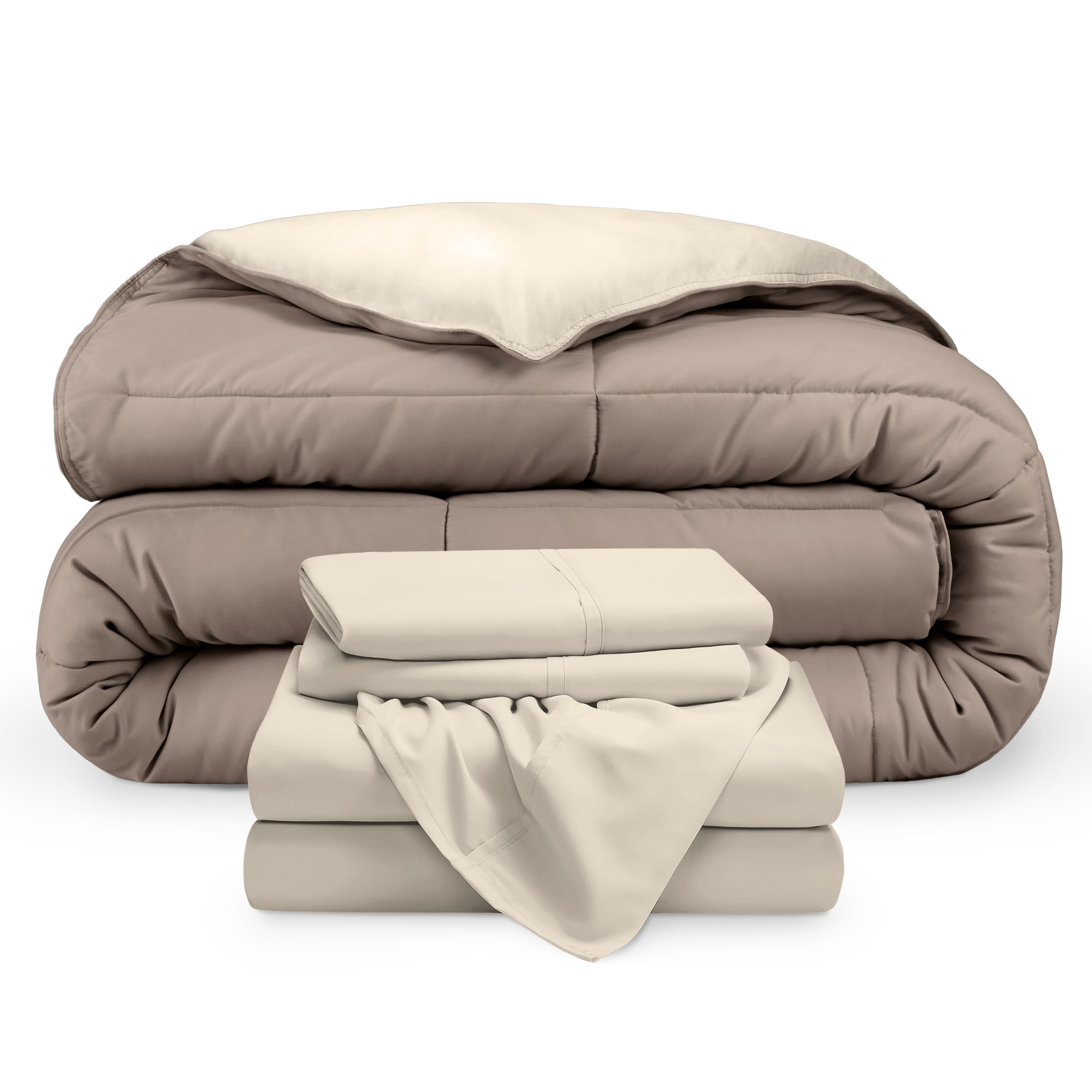 Bare Home Reversible Down Alternative Comforter & Sheet Set - Full Size Bedding - Soft Taupe/Sand - All Season Bed-in-a-Bag | Perfect for Guest Rooms, Dorms & Cozy Bedroom Decor