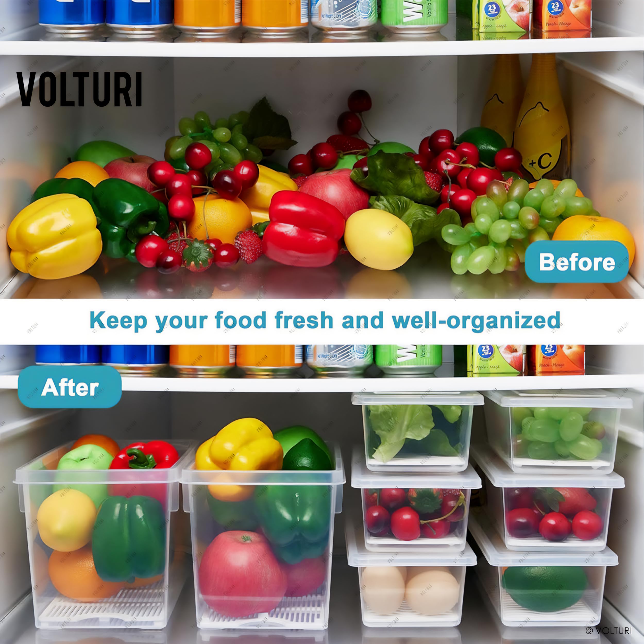VOLTURI 6-Pack Fridge Storage Containers with Removable Drain Plate & Lids - Stackable Food Organizer for Fruits, Vegetables - 1500ML BPA-Free Kitchen Storage Boxes - Perfect for Meal Prep & Refrigerator Organization