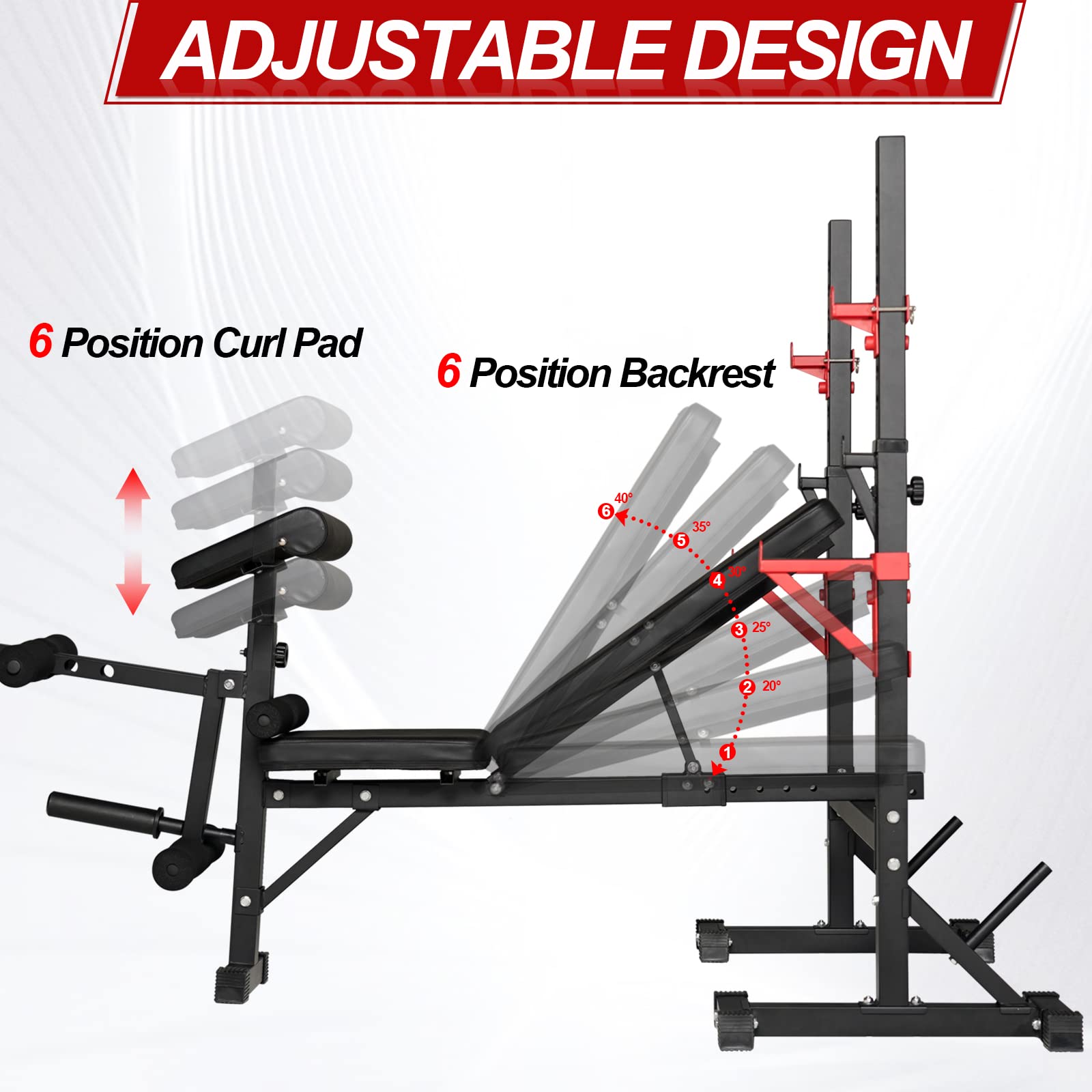 Bongkim Adjustable Weight Bench with Squat Rack - Multi-Purpose Foldable Workout Bench & Barbell Stand for Home Gym - Supports 660Lbs for Bench Press, Strength Training & Full-Body Exercises