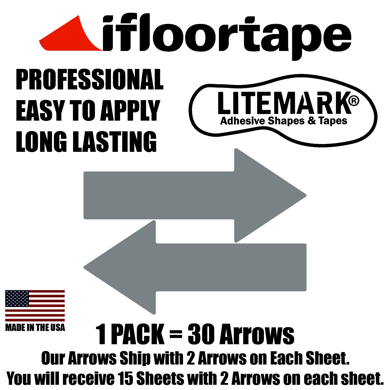 LiteMark Removable Arrow Stickers - Large 12 Inch Safety Floor Decals (Pack of 30, Grey) for Warehouse, Retail Stores & Event Venues - Direct Traffic & Promote Safety