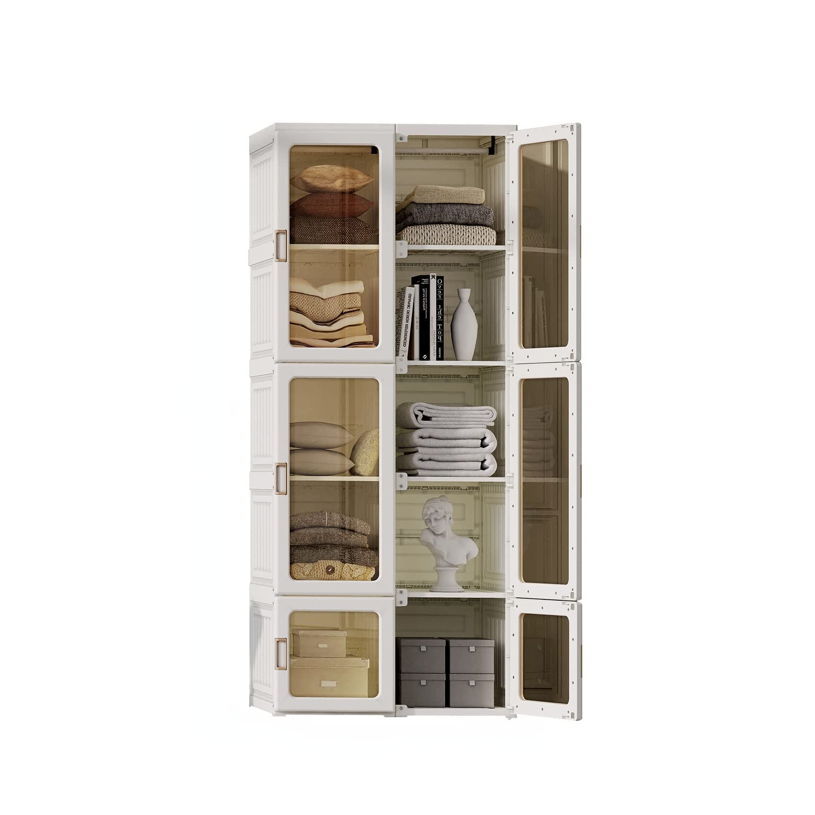 MAYIBOX Portable Closet Wardrobe with Hanging Rod & Doors - 4-15 Cube Storage Organizer for Bedroom, White (Transparent Door-WT10-D6-NH) | Space-Saving Closet Solution for Apartments, Dorms & Small Spaces