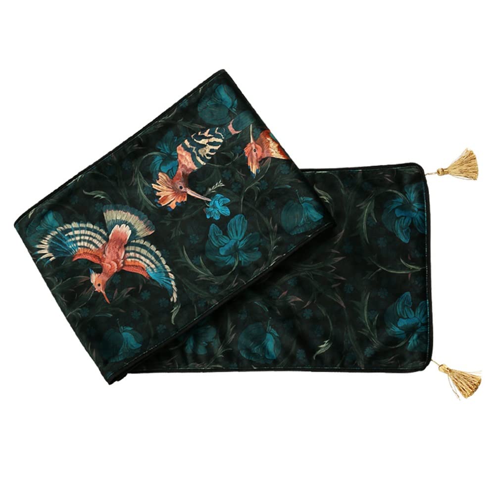 Luxury Velvet Christmas Table Runner - Vintage Floral Bird Print with Soft Tassels (30x280cm) - Perfect for Holiday Dining, Bedroom Decor & Seasonal Home Decoration