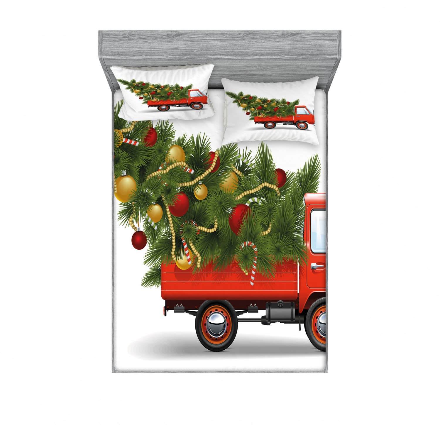 Ambesonne Christmas 2-Pack Queen Size Fitted Sheet & Pillow Sham Set - Holiday Truck & Tree Design - 4-Piece Bedding Decor (2 Fitted Sheets + 4 Pillow Covers) - Red White Green Xmas Theme - Perfect for Festive Bedroom Decorations & Holiday Guest Rooms
