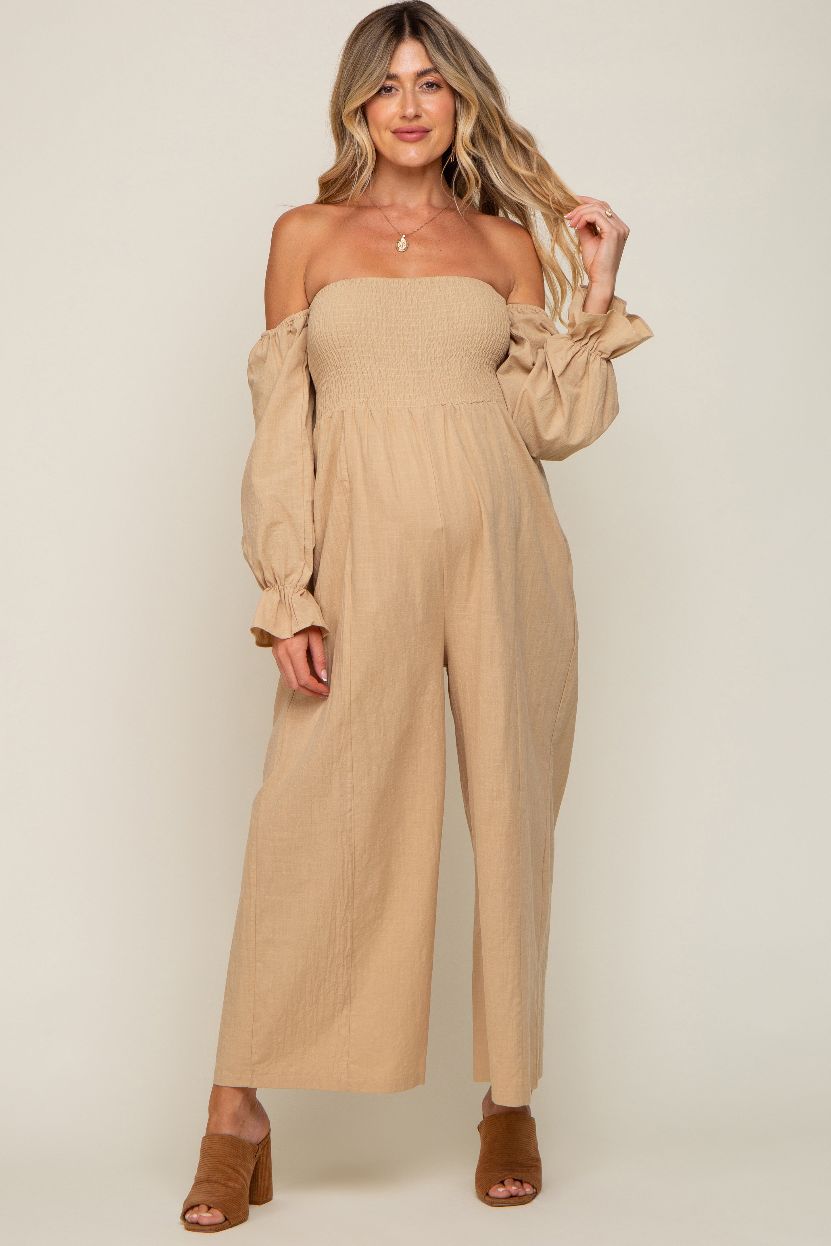 Beige Linen Smocked Off Shoulder Wide Leg Maternity Jumpsuit for Women - Comfortable Pregnancy Outfit for Summer, Beach, and Maternity Photoshoots