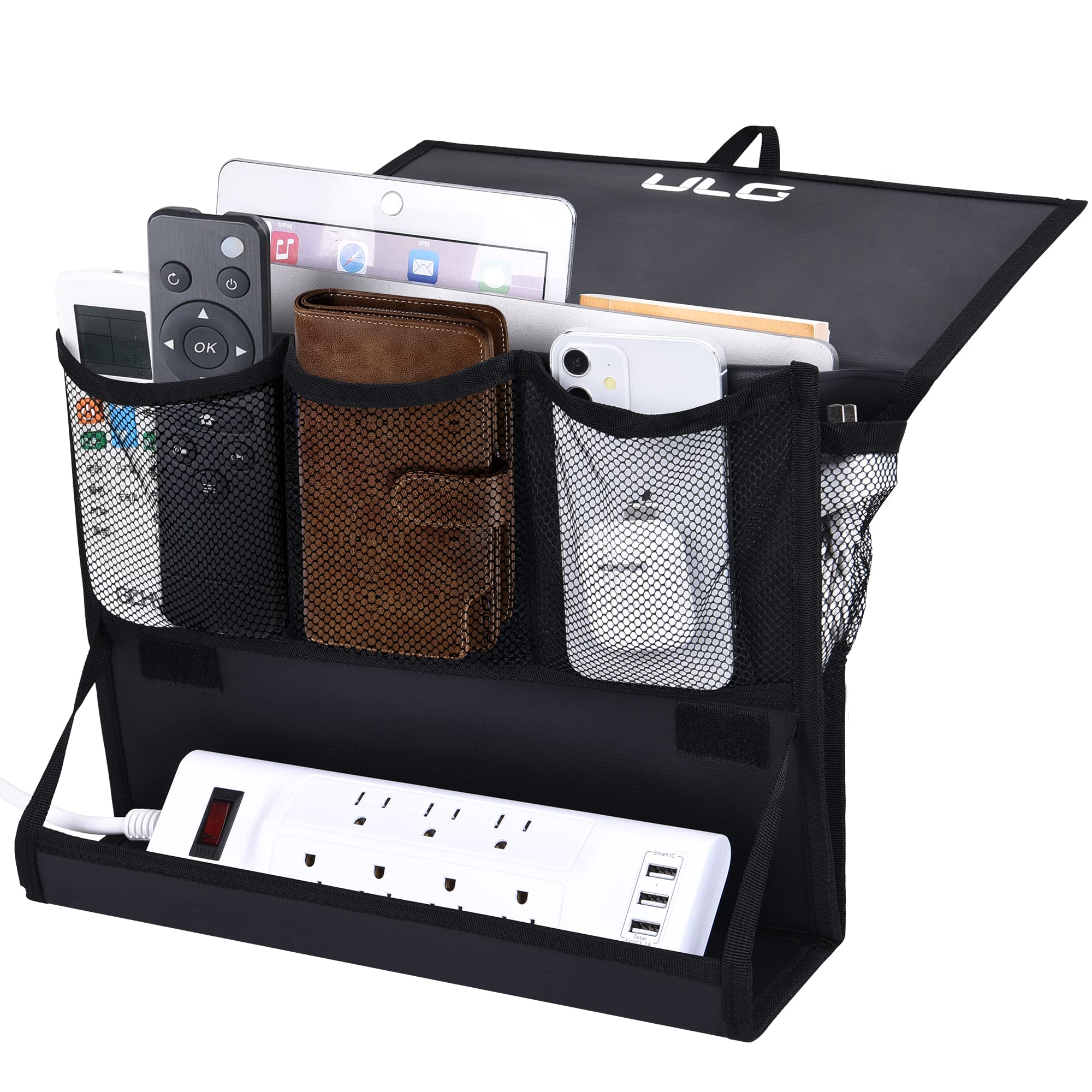 ULG Bedside Caddy - Hanging Bedside Organizer with Power Strip Holder & 6 Pockets, Multifunctional Storage for Remotes, Magazines, Phones, Tablets (Black) - Perfect for Bedroom, Dorm, Nursing Home & Small Space Organization