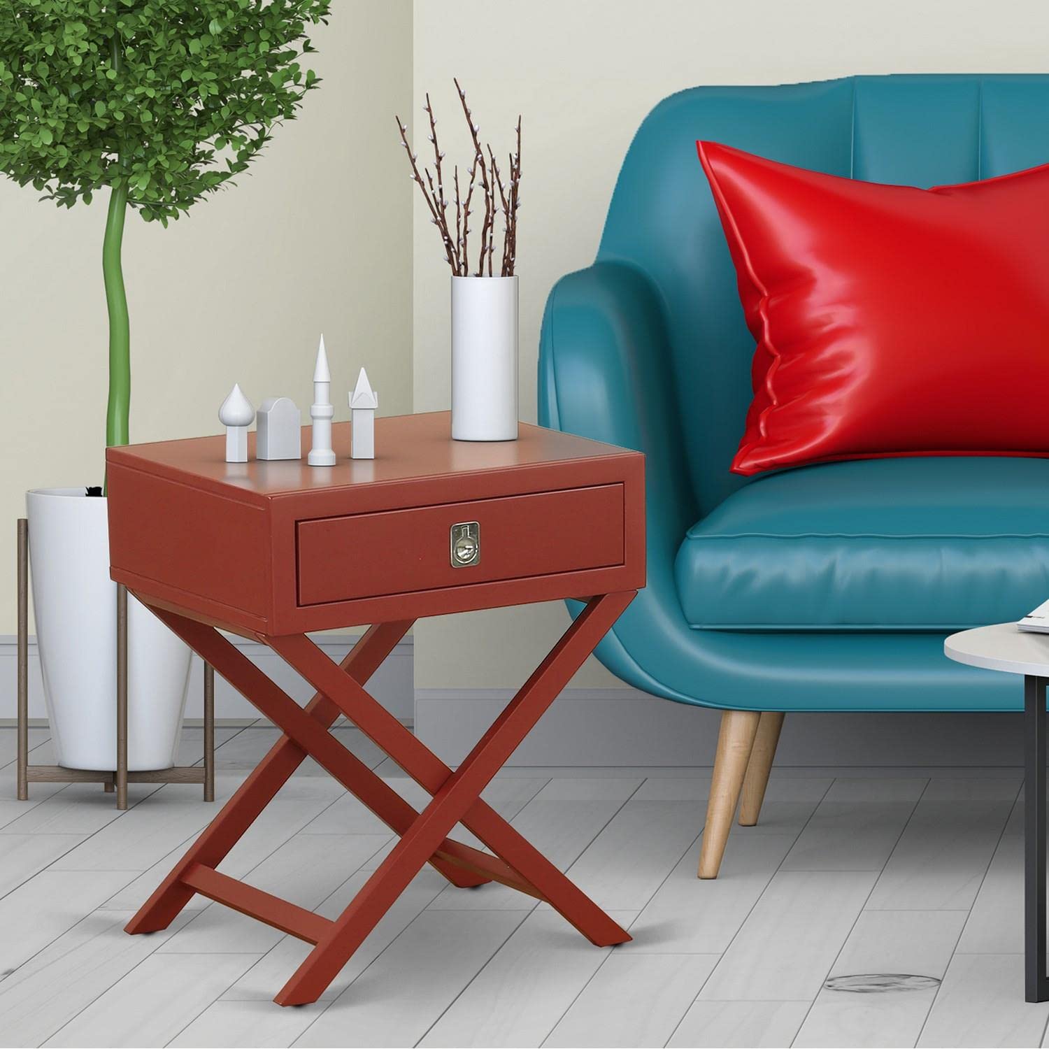 East West Furniture HANE13 Small Rectangular Side Table with Drawer - Burgundy Finish - Compact Living Room, Bedroom, or Office Accent Table - 1-Pack