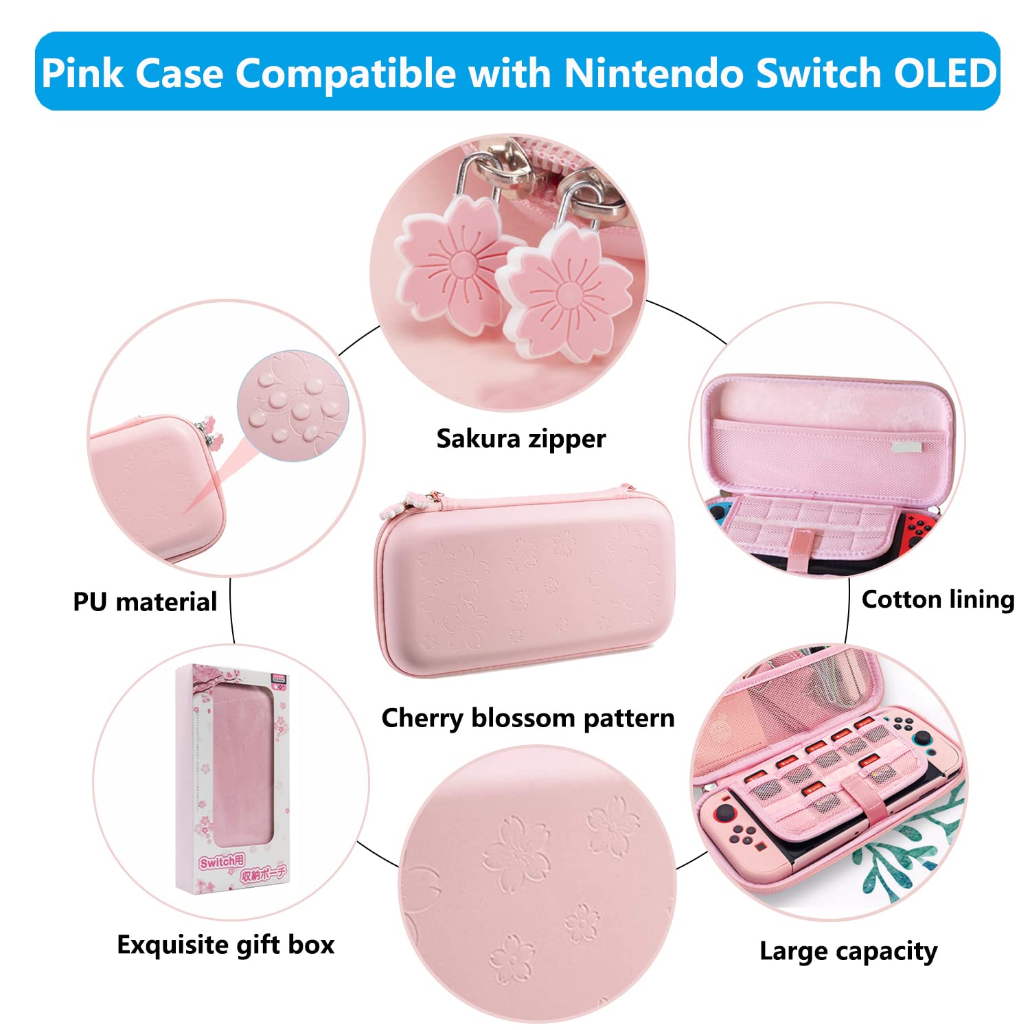 Pink Travel Carrying Case Accessories Kit for Nintendo Switch OLED 2021 - 10-in-1 Protection Set with Hard Cover, Screen Protector, Stand & Thumb Grips | Perfect for Gaming On-The-Go & Travel Protection