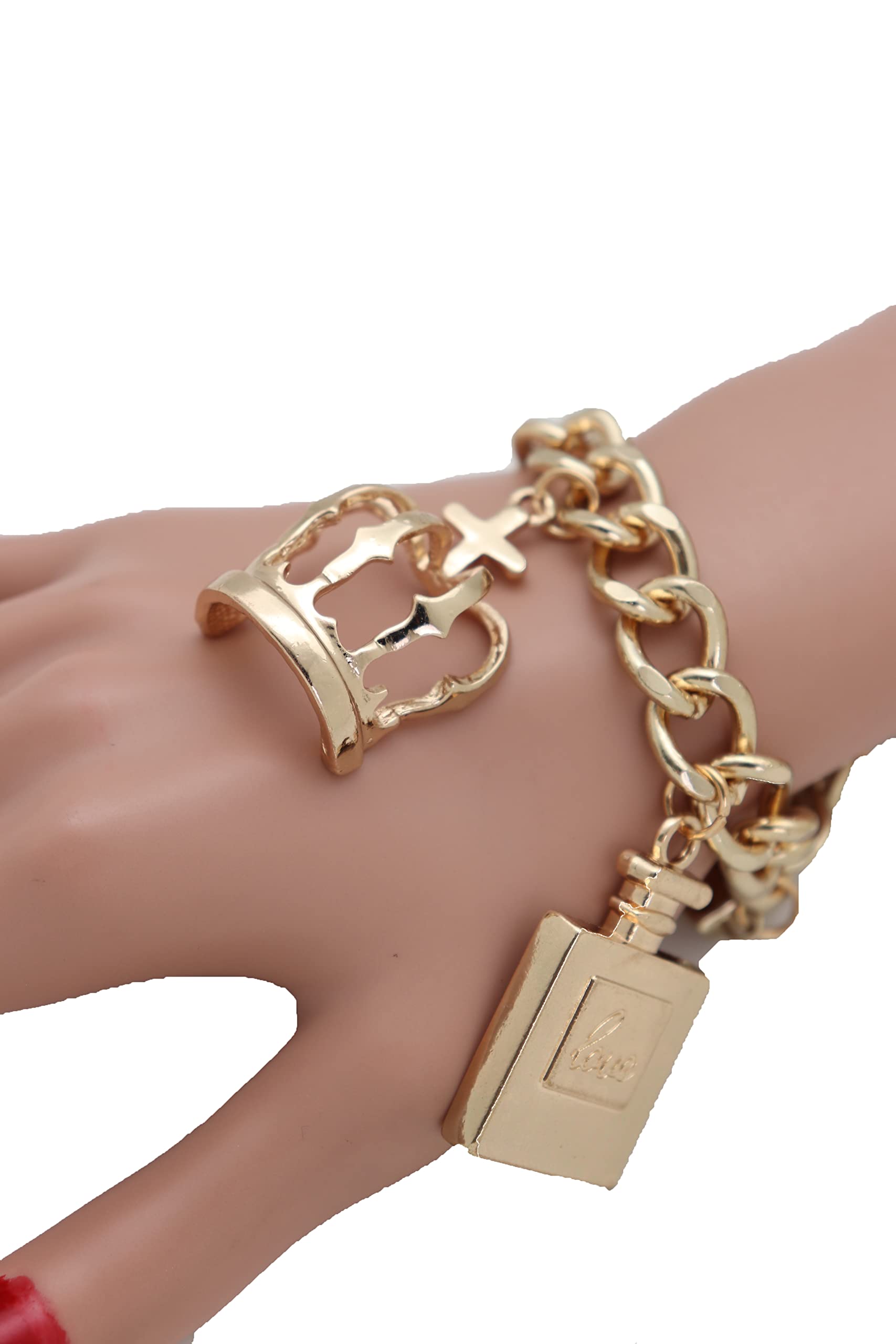 Gold Queen Crown Bracelet for Women - Elegant Metal Chain Fashion Jewelry with Lipstick & Perfume Charms | Perfect for Parties, Weddings & Royal-Themed Events