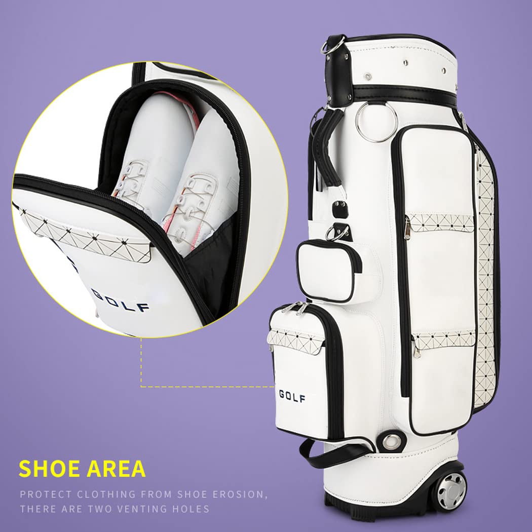 **Women's Golf Club Cart Bag with Wheels - Retractable PU Leather Golf Travel Bag, Large Capacity Standard Golf Bag for Course & Travel - Perfect for Golfers On-the-Go**