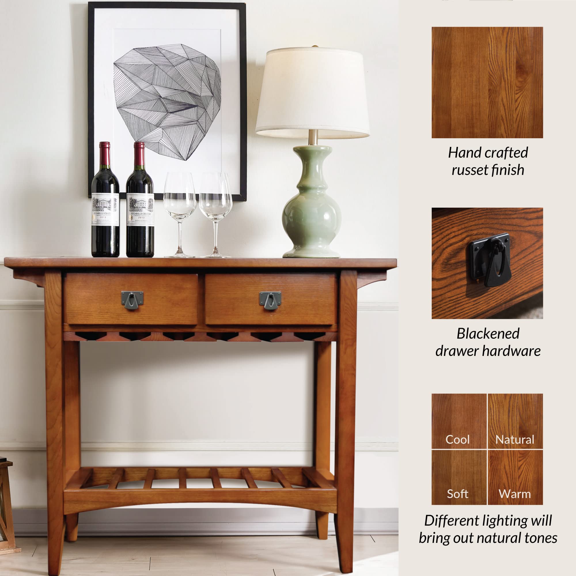 Leick Home 9061-RS Mission Style Wine Cabinet with Glass & Bottle Storage, 2 Drawers - Rustic Russet Finish Buffet Server for Dining Room, Living Room, Kitchen | Perfect for Wine Display, Entertaining & Home Bar Organization