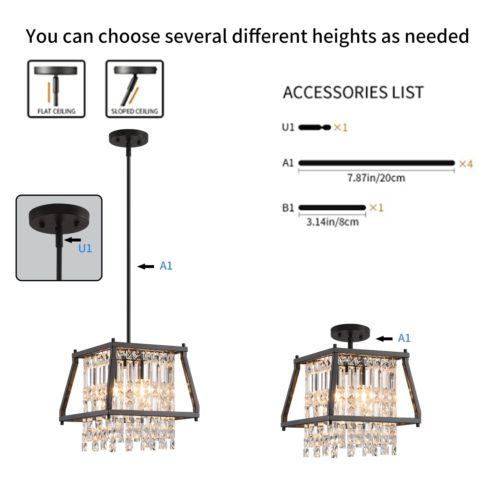 LMQNINE Farmhouse Chandelier - 11.81 Inch Black Metal Crystal Pendant Light for Kitchen Island, Dining Room, Living Room - Flat & Inclined Ceiling (Trapezoid Design) - Perfect for Rustic, Modern & Farmhouse Decor
