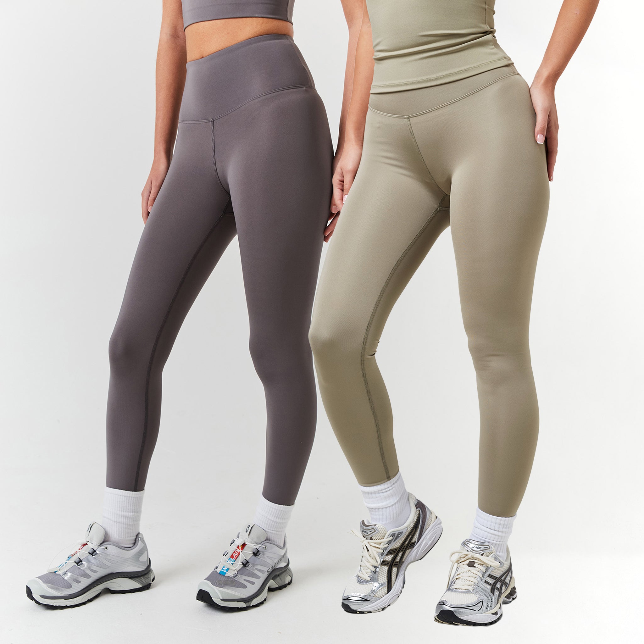 2 Pack Second Skin Leggings - High Waist Tummy Control Yoga Pants for Women, Grey & Olive | Perfect for Workout, Running, Lounge & Everyday Wear