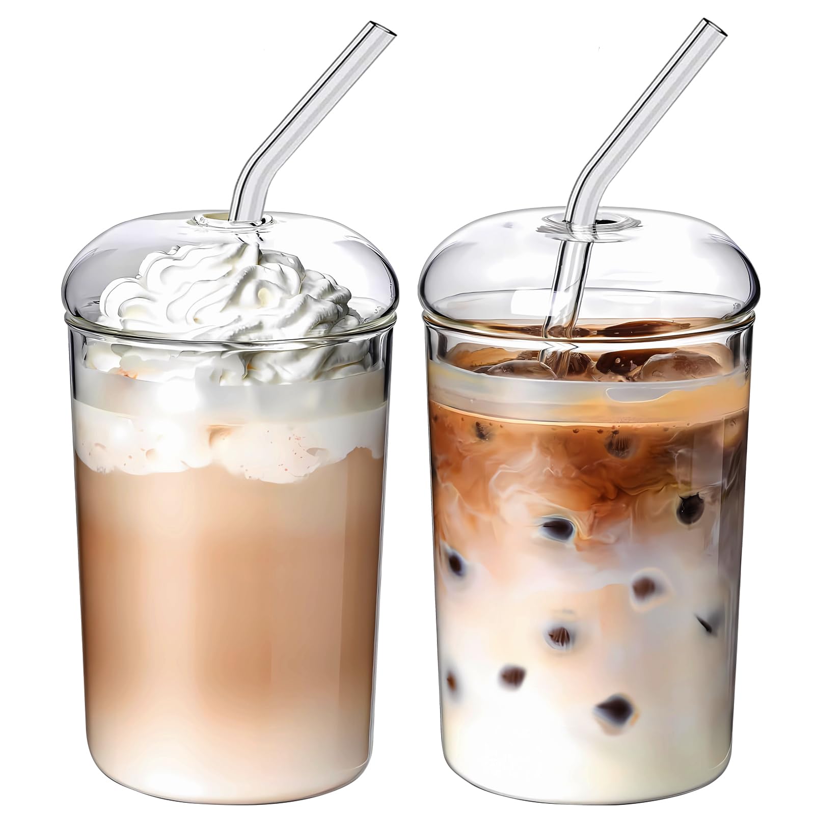 2-Pack 16oz Glass Drinking Cups with Lids & Straws - Reusable Iced Coffee Glasses for Water, Soda, Tea - Includes Cleaning Brush - Perfect for Home, Office, Parties & Gifts