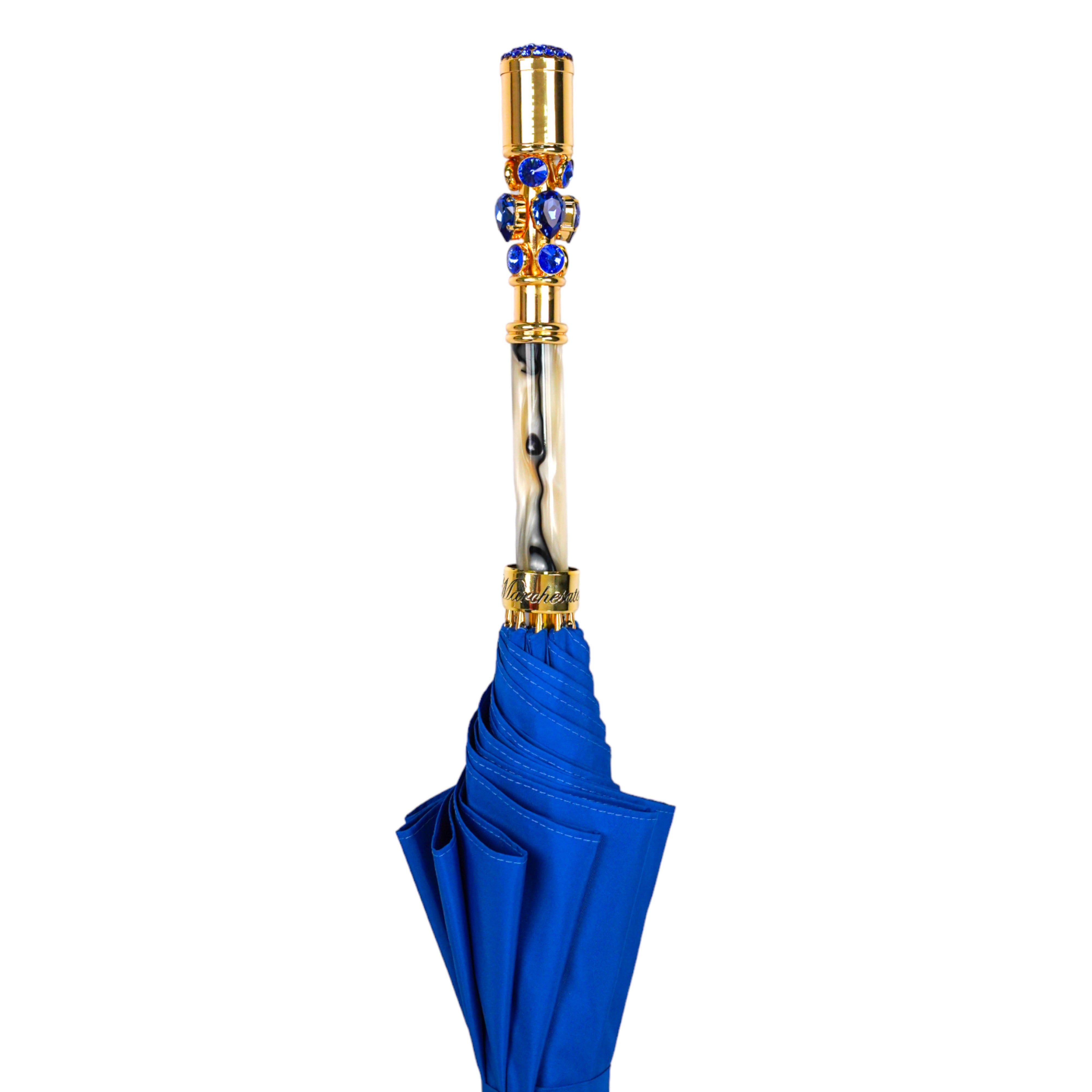 Handcrafted Electric Blue Umbrella with Crystal Handle - Luxury Rain Protection for Women | Perfect for Weddings, Outdoor Events & Fashion Accessories